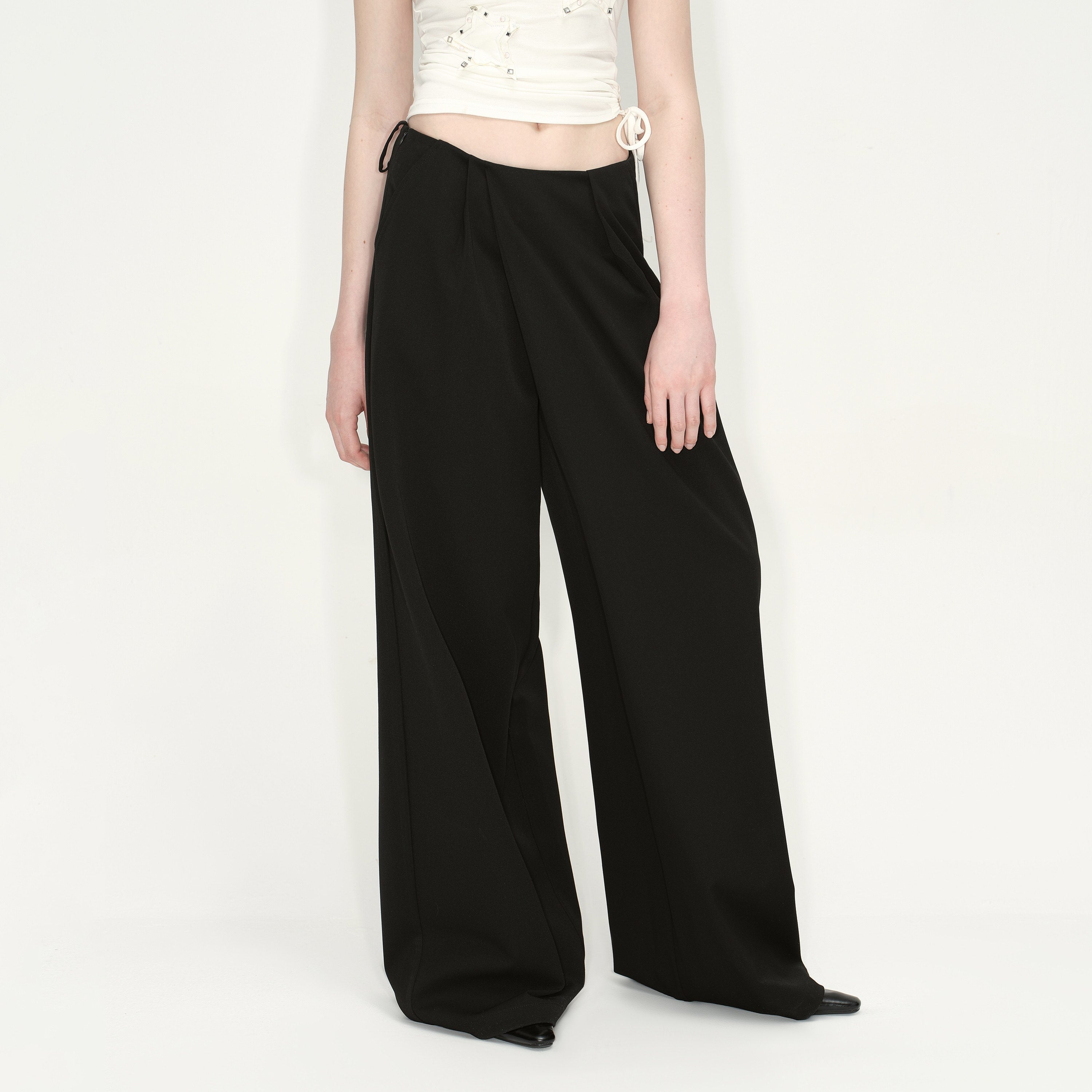 RUN TO THE FUTURE Original Minimal Low Rise Pocket Black Stretch Rayon Blend Women Wide-Leg Pants