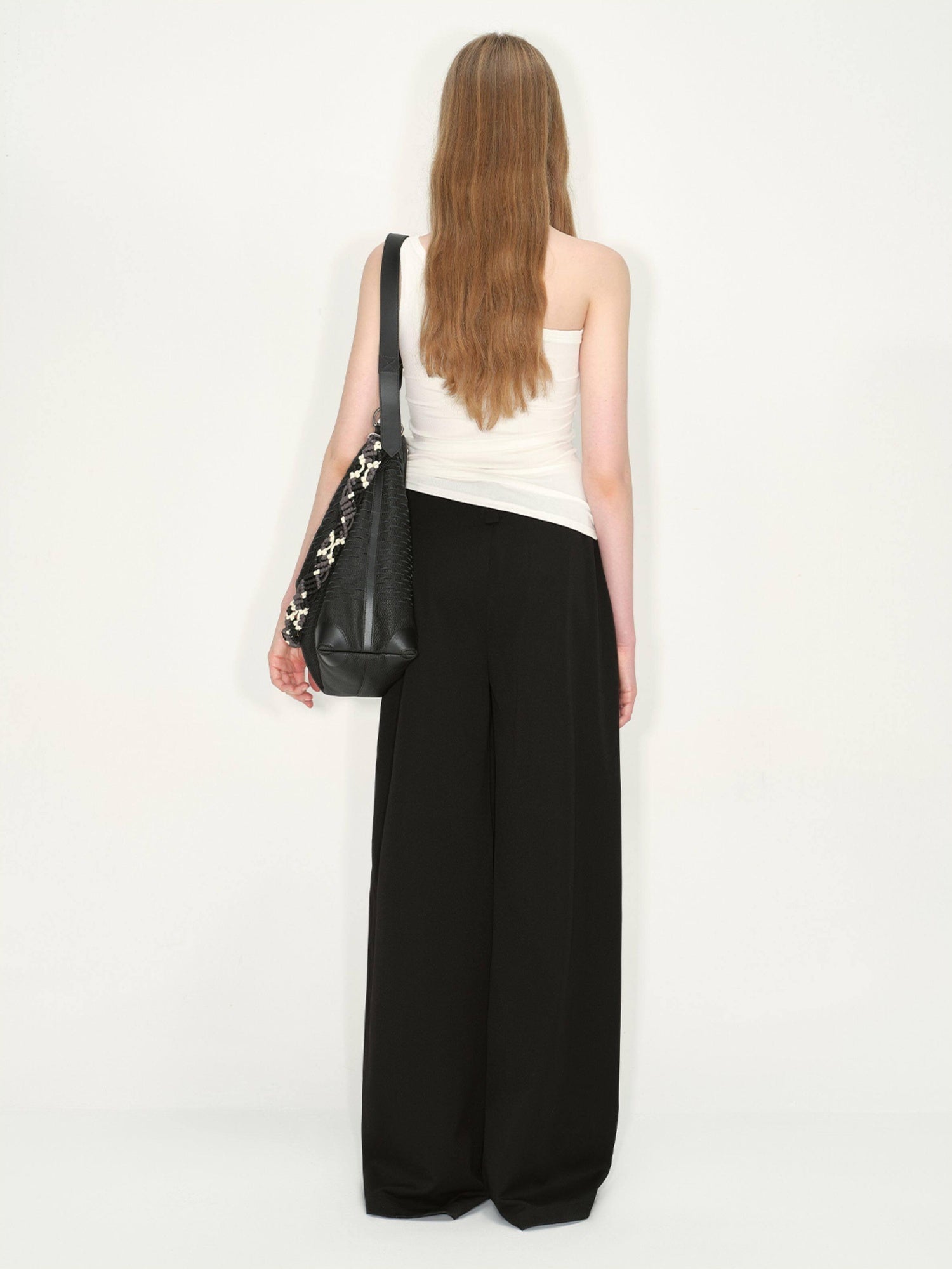 RUN TO THE FUTURE Original Minimal Low Rise Pocket Black Stretch Rayon Blend Women Wide-Leg Pants