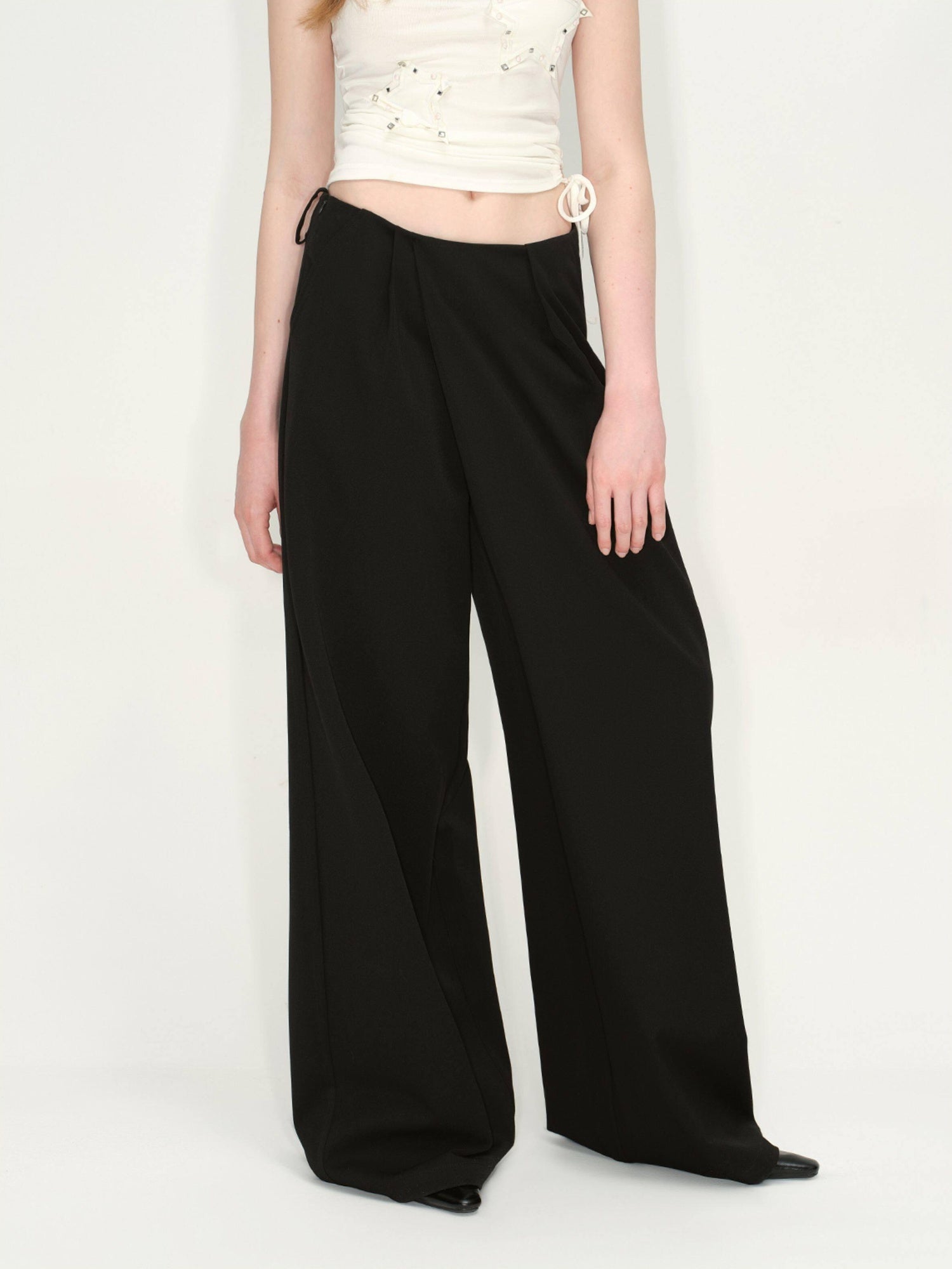 RUN TO THE FUTURE Original Minimal Low Rise Pocket Black Stretch Rayon Blend Women Wide-Leg Pants