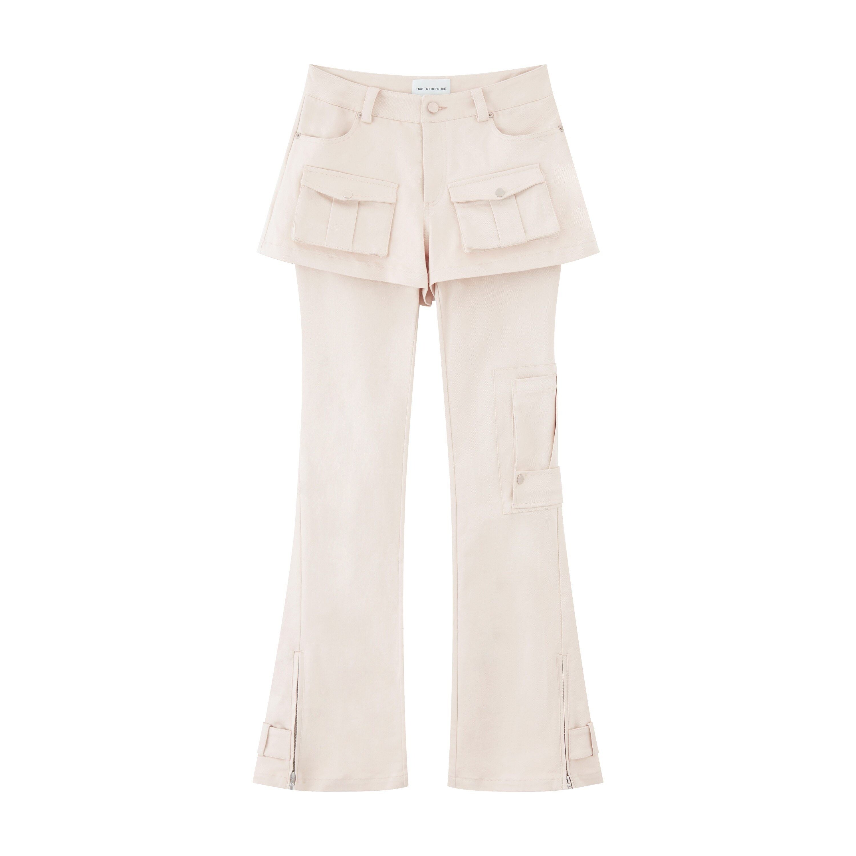 RUN TO THE FUTURE Original Pocket Detail Low Waist Cargo Women Beige Stretch Cotton Flare Pants