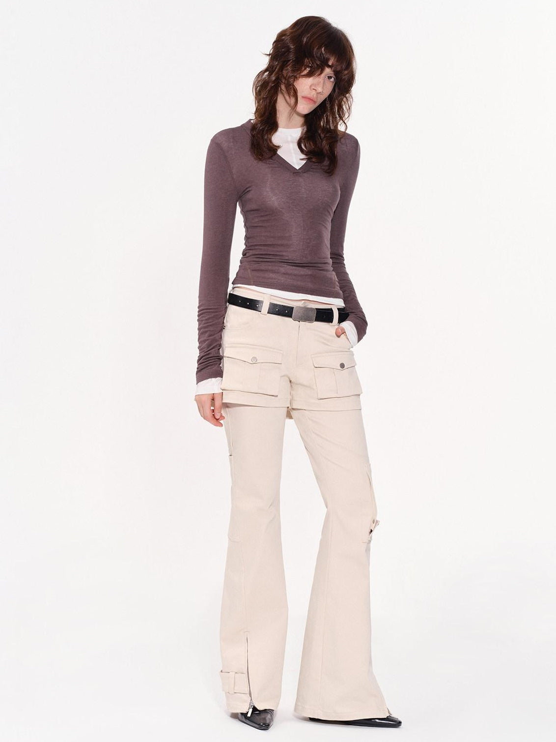RUN TO THE FUTURE Original Pocket Detail Low Waist Cargo Women Beige Stretch Cotton Flare Pants