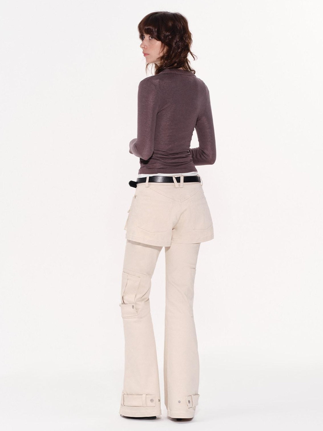 RUN TO THE FUTURE Original Pocket Detail Low Waist Cargo Women Beige Stretch Cotton Flare Pants