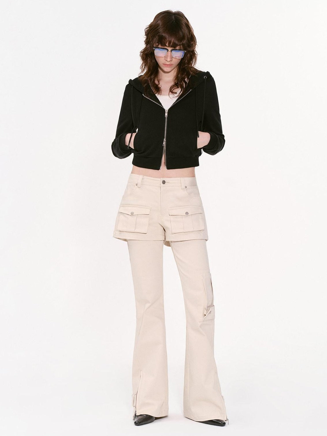 RUN TO THE FUTURE Original Pocket Detail Low Waist Cargo Women Beige Stretch Cotton Flare Pants