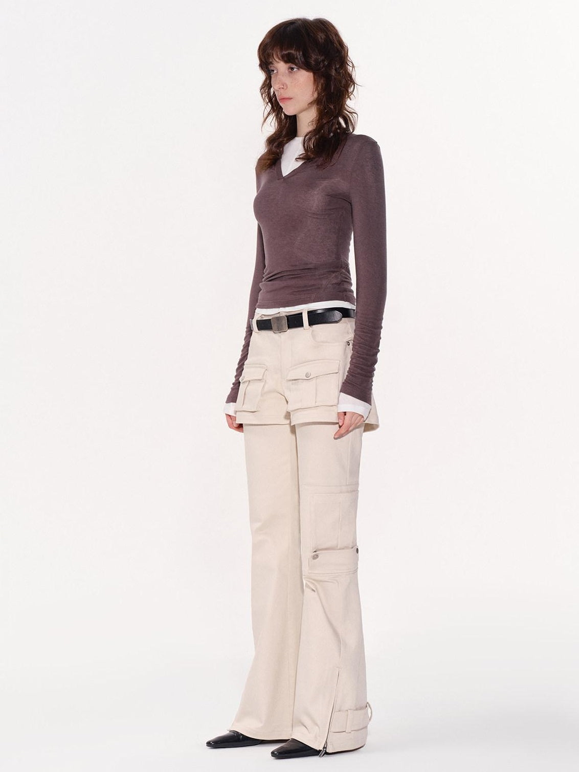 RUN TO THE FUTURE Original Pocket Detail Low Waist Cargo Women Beige Stretch Cotton Flare Pants