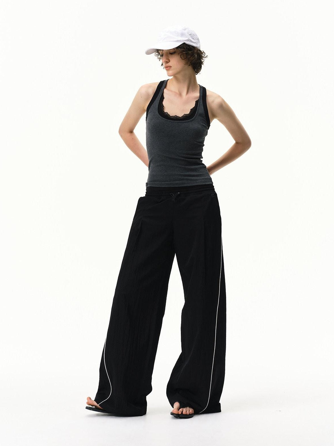 RUN TO THE FUTURE Pinstripe Double Waistband Elastic Mid Rise Women&