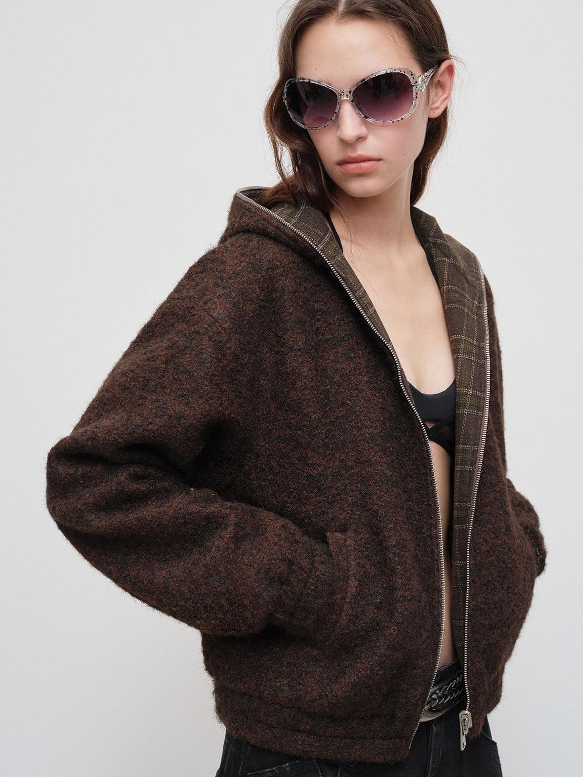 RUN TO THE FUTURE Plaid Colorblock Hooded Reversible Short Women&