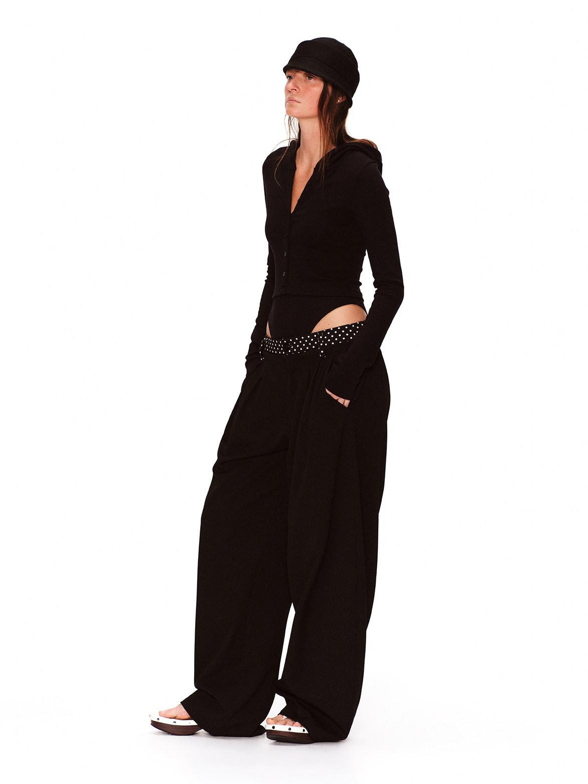 RUN TO THE FUTURE Polka Dot Patchwork Pleated Mid Low Rise Casual Unisex Wide Leg Pants