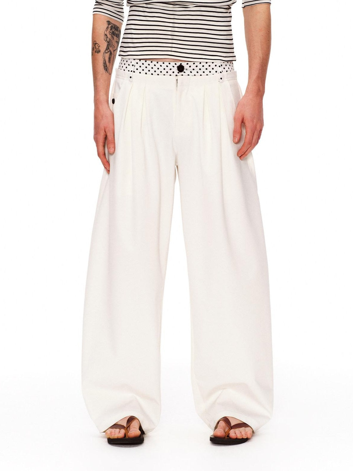 RUN TO THE FUTURE Polka Dot Patchwork Pleated Mid Low Rise Casual Unisex Wide Leg Pants