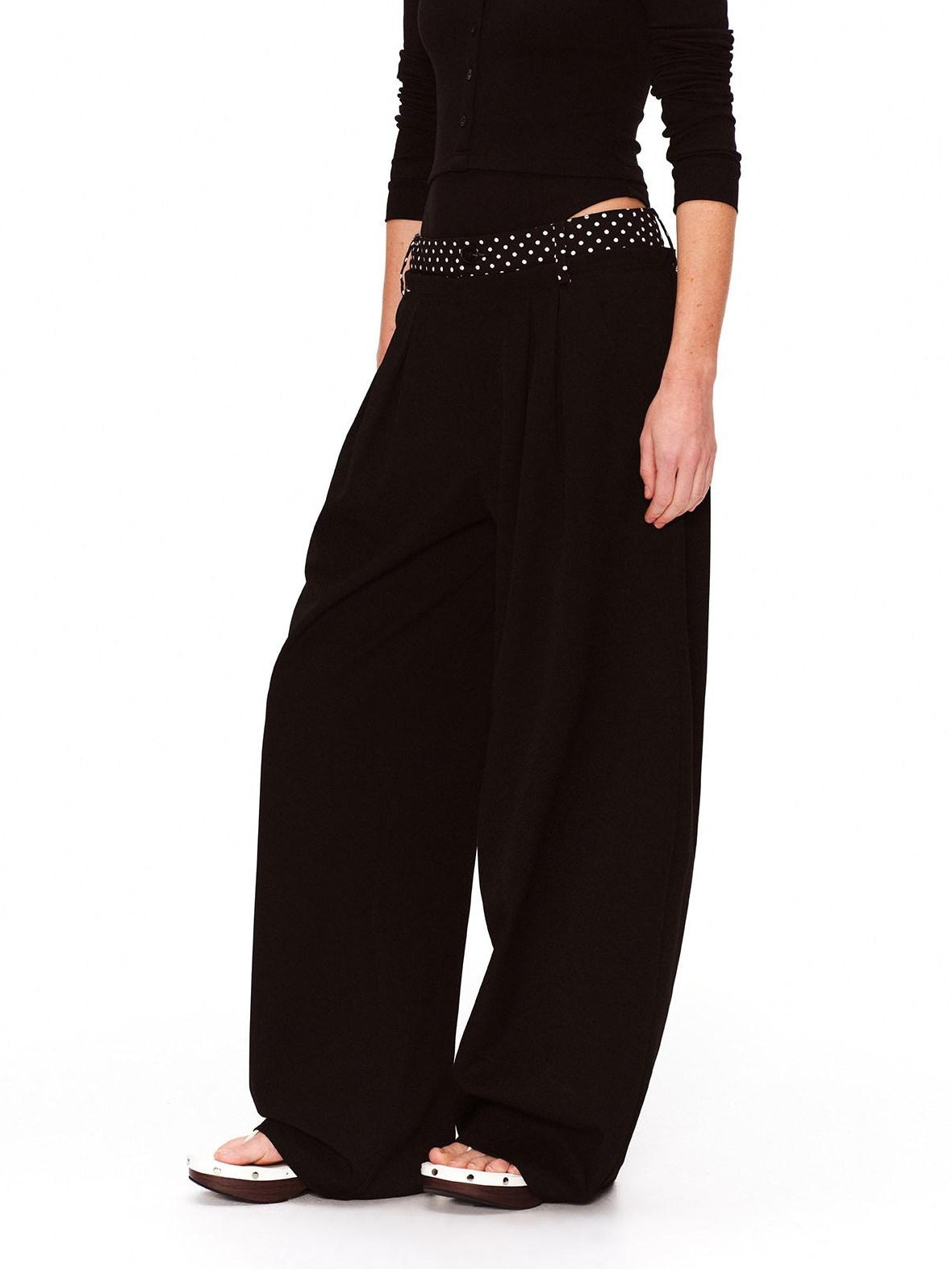 RUN TO THE FUTURE Polka Dot Patchwork Pleated Mid Low Rise Casual Unisex Wide Leg Pants