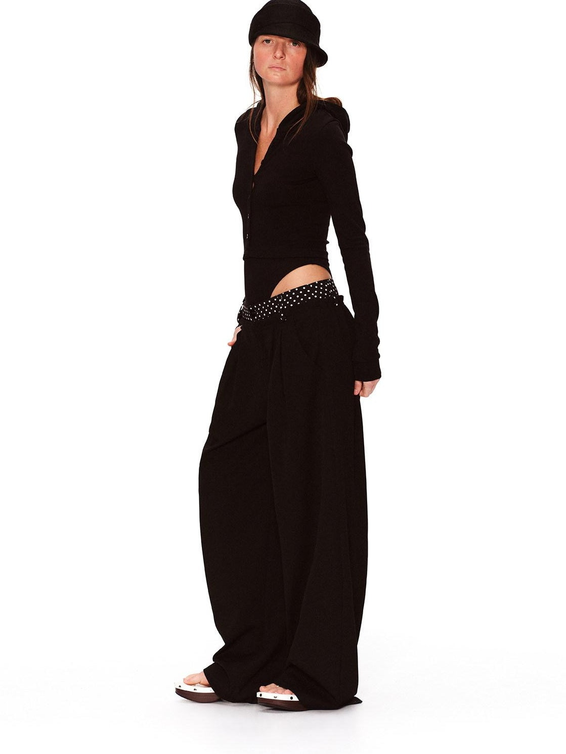 RUN TO THE FUTURE Polka Dot Patchwork Pleated Mid Low Rise Casual Unisex Wide Leg Pants