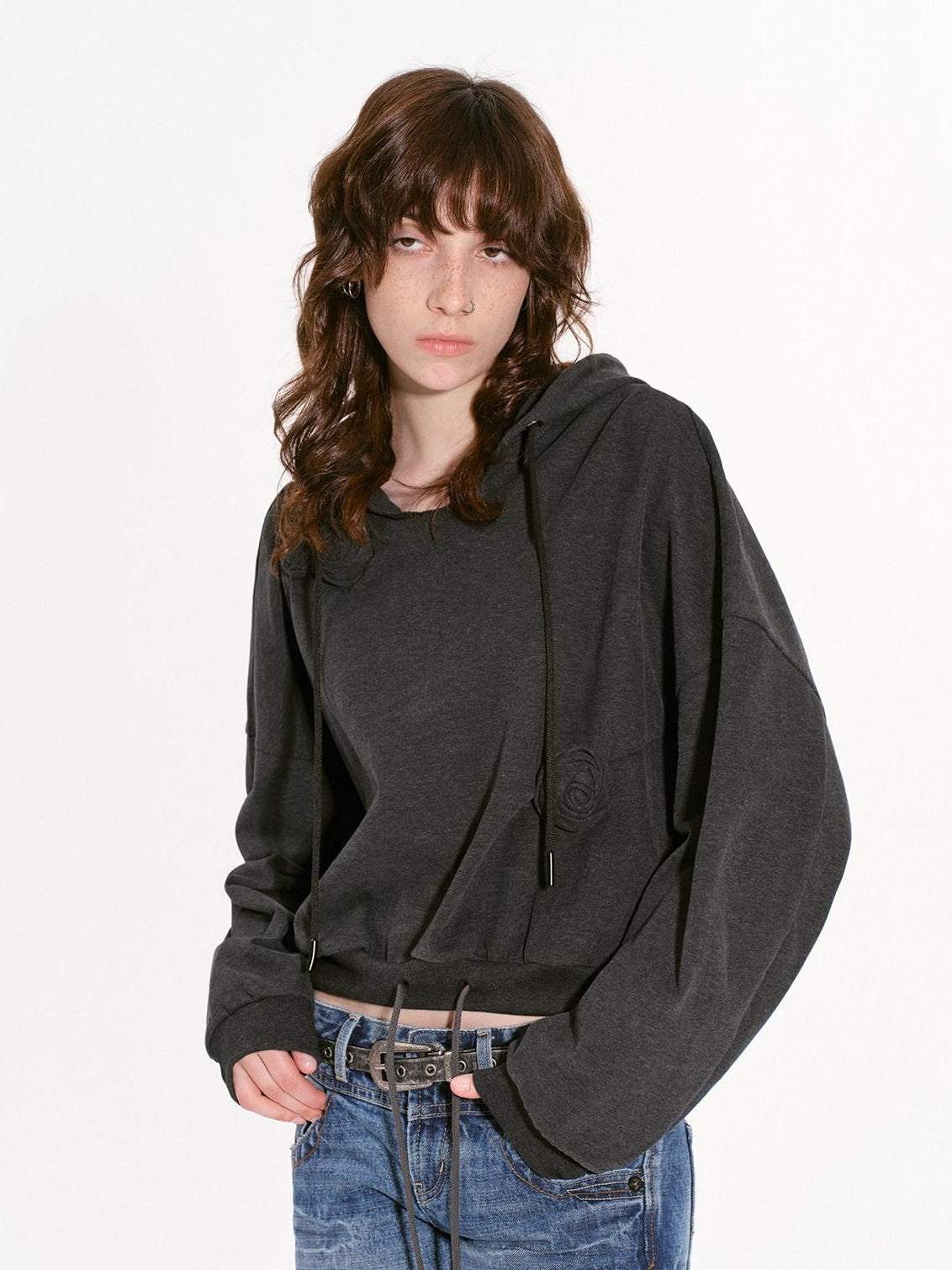 RUN TO THE FUTURE Pure Cotton Loose Fit 3D Detail Short Hooded Women Retro Pullover Hoodies