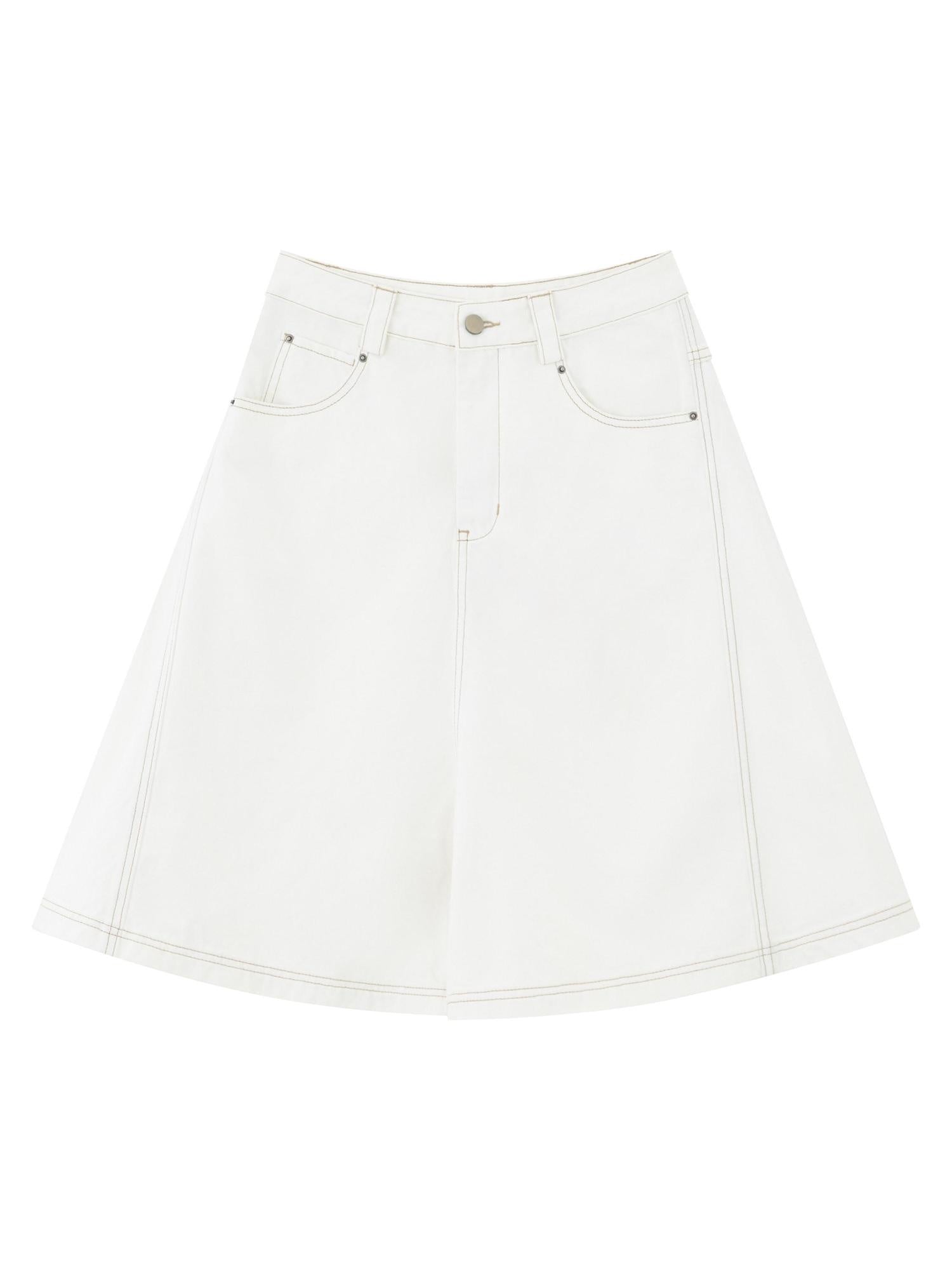 RUN TO THE FUTURE Pure Cotton Low Rise Minimal Straight Pockets Women Ivory Denim Shorts