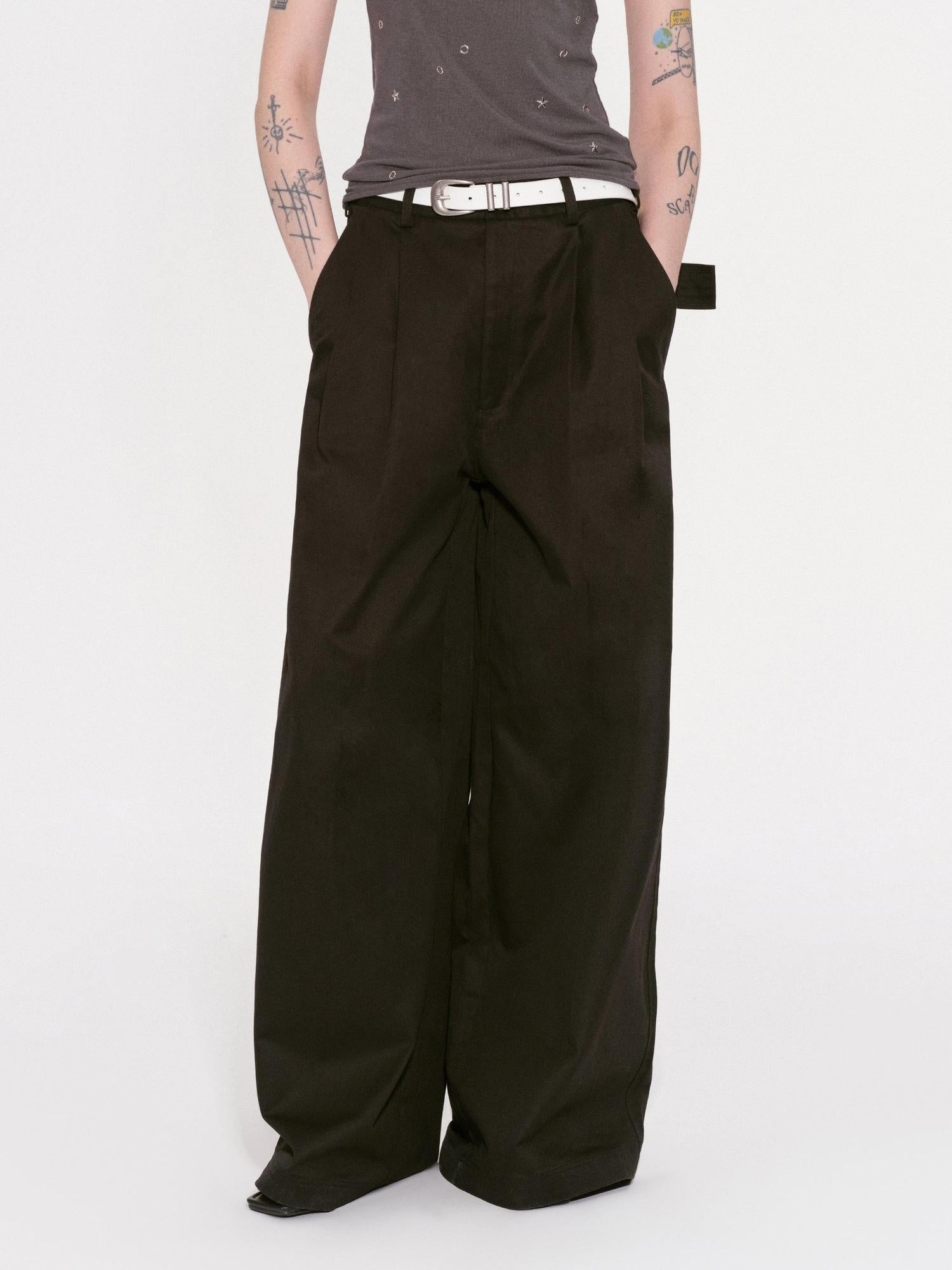 RUN TO THE FUTURE Pure Cotton Original Pleated Low Waist Pockets Women Khaki Black Wide-Leg Pants