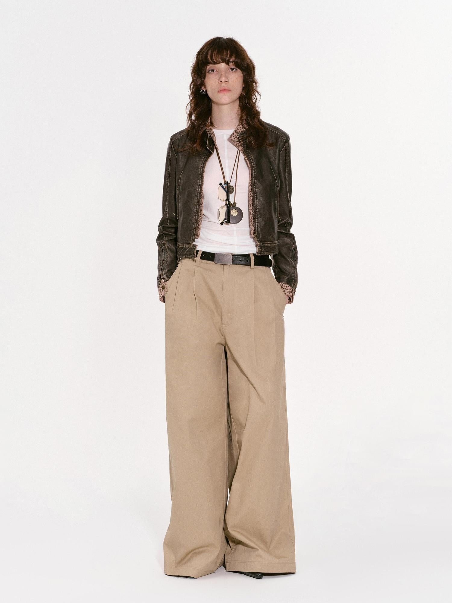 RUN TO THE FUTURE Pure Cotton Original Pleated Low Waist Pockets Women Khaki Black Wide-Leg Pants