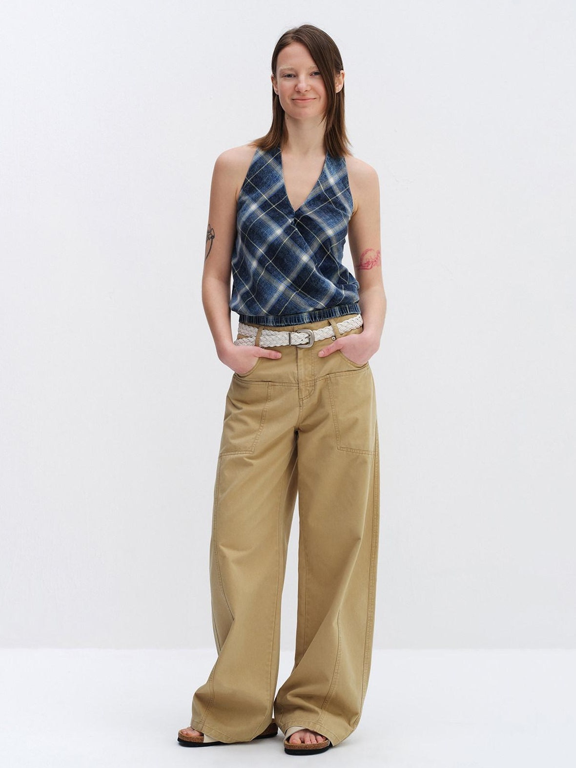RUN TO THE FUTURE Pure Cotton Plaid V-neck Halter Slim Fit Elastic Hem Women T Shirt Crop Tops