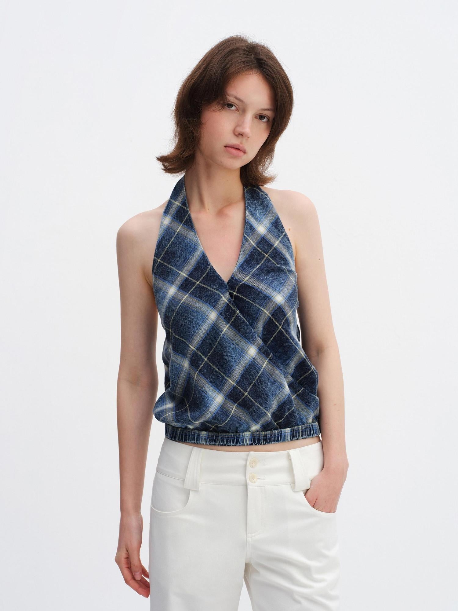 RUN TO THE FUTURE Pure Cotton Plaid V-neck Halter Slim Fit Elastic Hem Women T Shirt Crop Tops