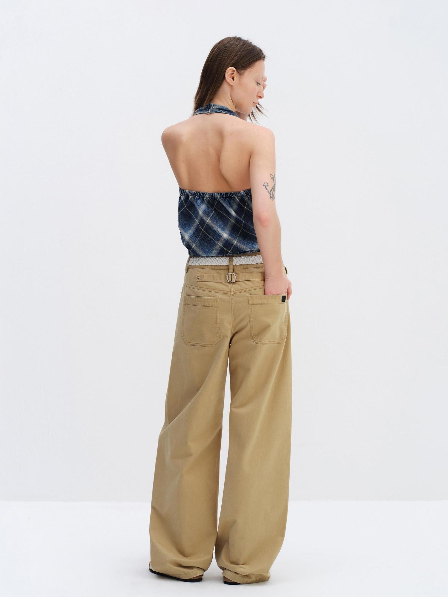 RUN TO THE FUTURE Pure Cotton Plaid V-neck Halter Slim Fit Elastic Hem Women T Shirt Crop Tops