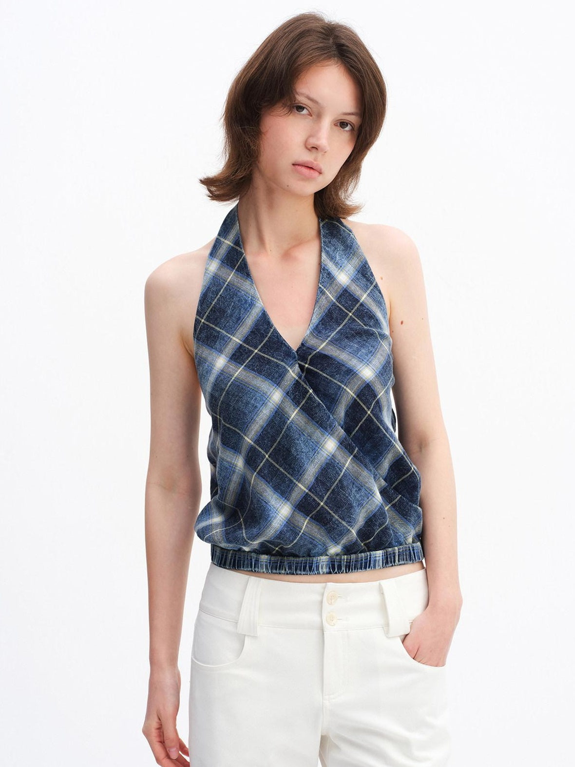 RUN TO THE FUTURE Pure Cotton Plaid V-neck Halter Slim Fit Elastic Hem Women T Shirt Crop Tops