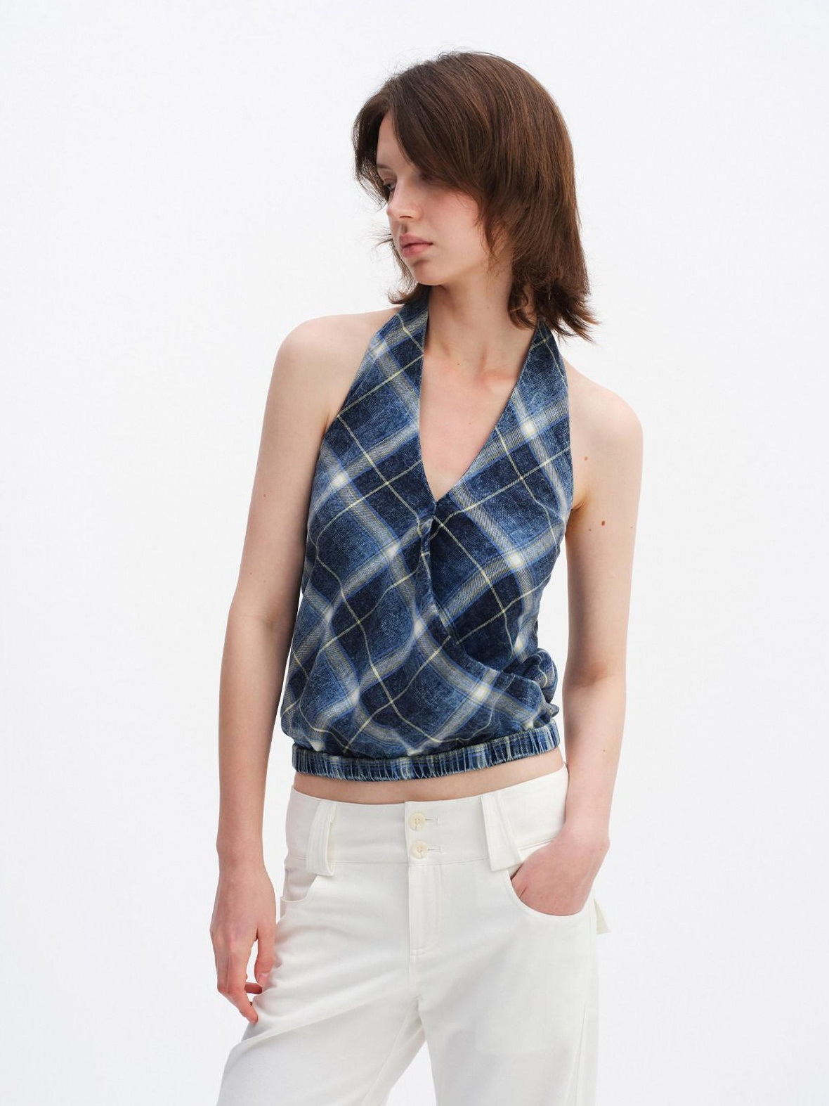 RUN TO THE FUTURE Pure Cotton Plaid V-neck Halter Slim Fit Elastic Hem Women T Shirt Crop Tops