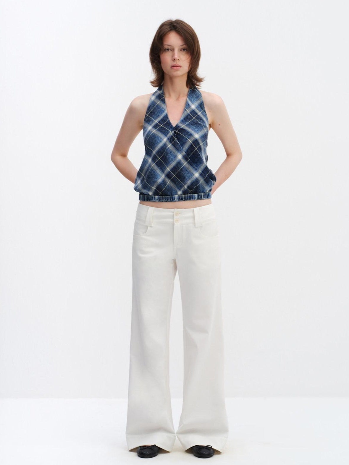 RUN TO THE FUTURE Pure Cotton Plaid V-neck Halter Slim Fit Elastic Hem Women T Shirt Crop Tops