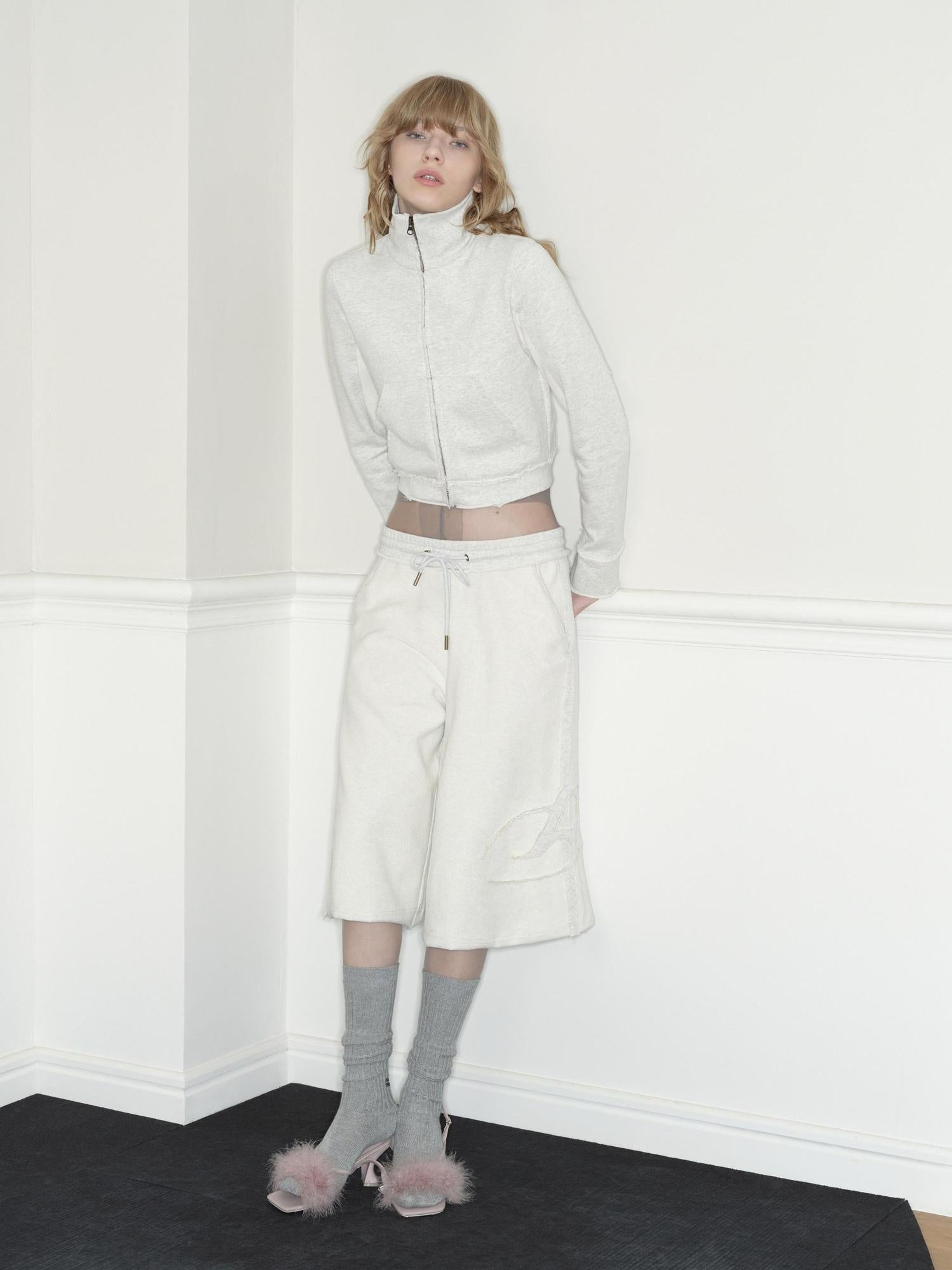 RUN TO THE FUTURE Pure Cotton Stand Collar Zip Cardigan Cropped Straight Retro Work Sweatshirts