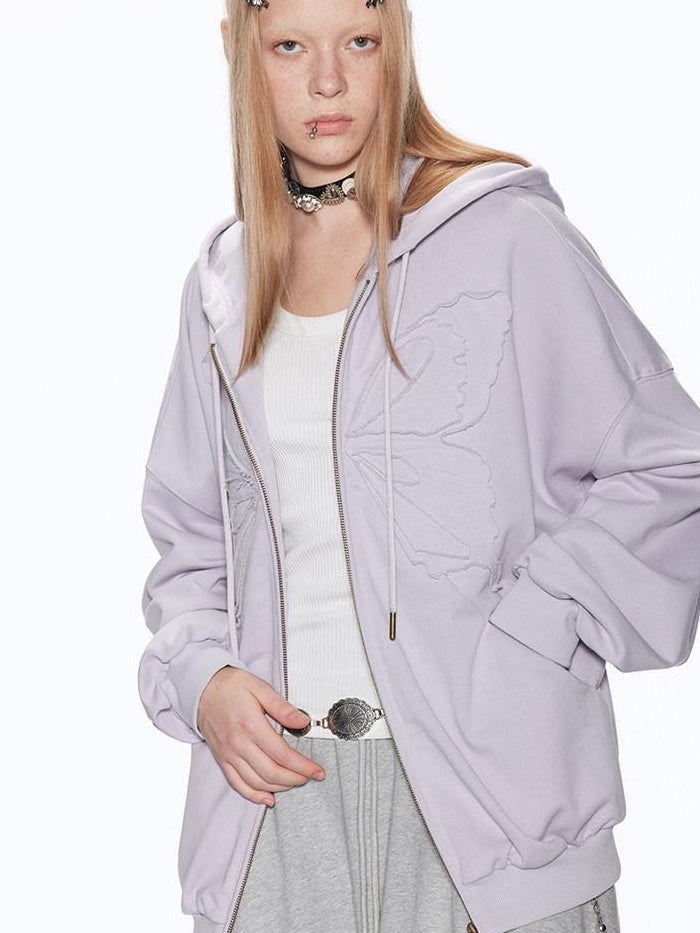 RUN TO THE FUTURE Pure Cotton Zip Up Applique Loose Fit Street Style Women Solid Hoodies