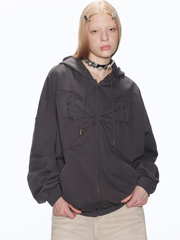 RUN TO THE FUTURE Pure Cotton Zip Up Applique Loose Fit Street Style Women Solid Hoodies