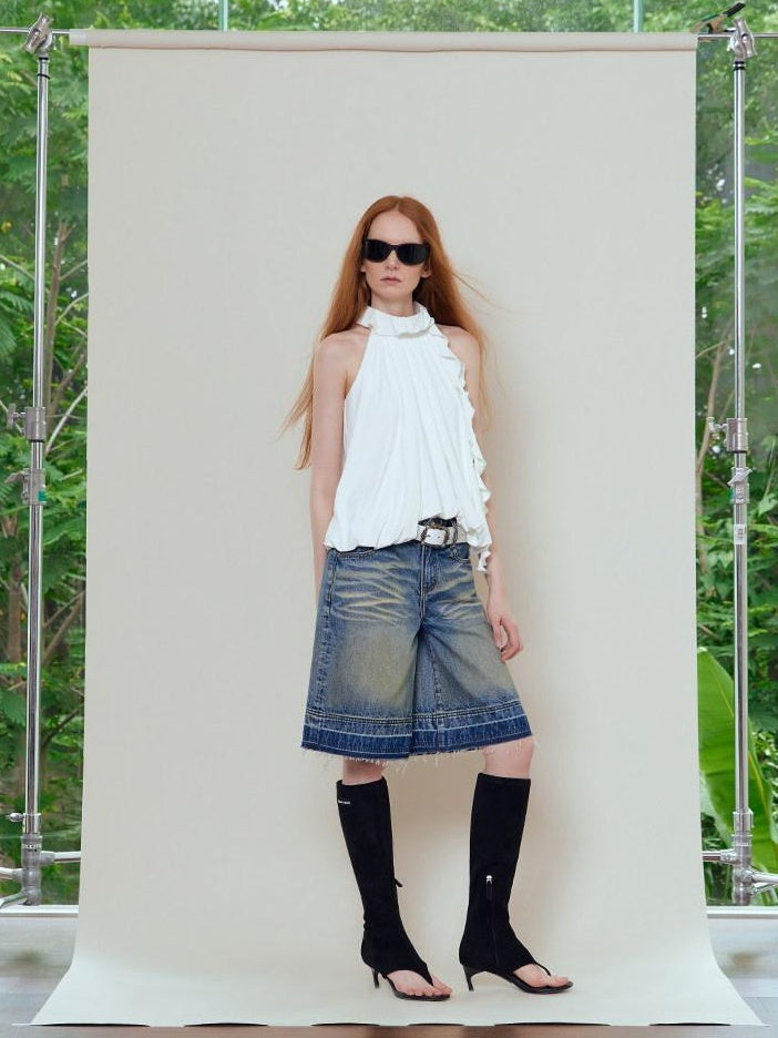 RUN TO THE FUTURE Relaxed Low Rise Washed Vintage Blue Wide Leg Casual Zip Fly Denim Shorts