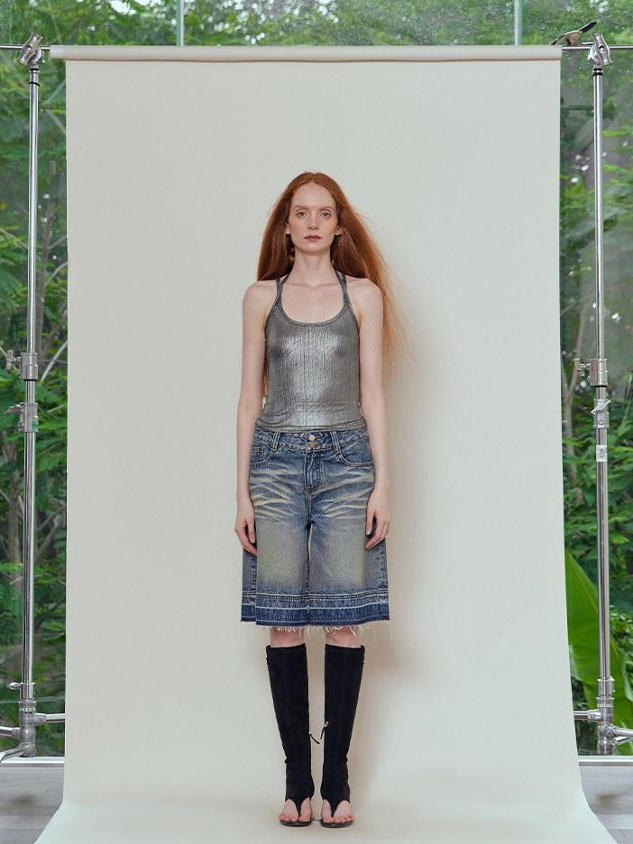 RUN TO THE FUTURE Relaxed Low Rise Washed Vintage Blue Wide Leg Casual Zip Fly Denim Shorts