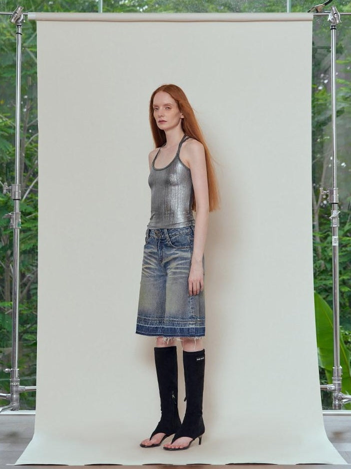 RUN TO THE FUTURE Relaxed Low Rise Washed Vintage Blue Wide Leg Casual Zip Fly Denim Shorts