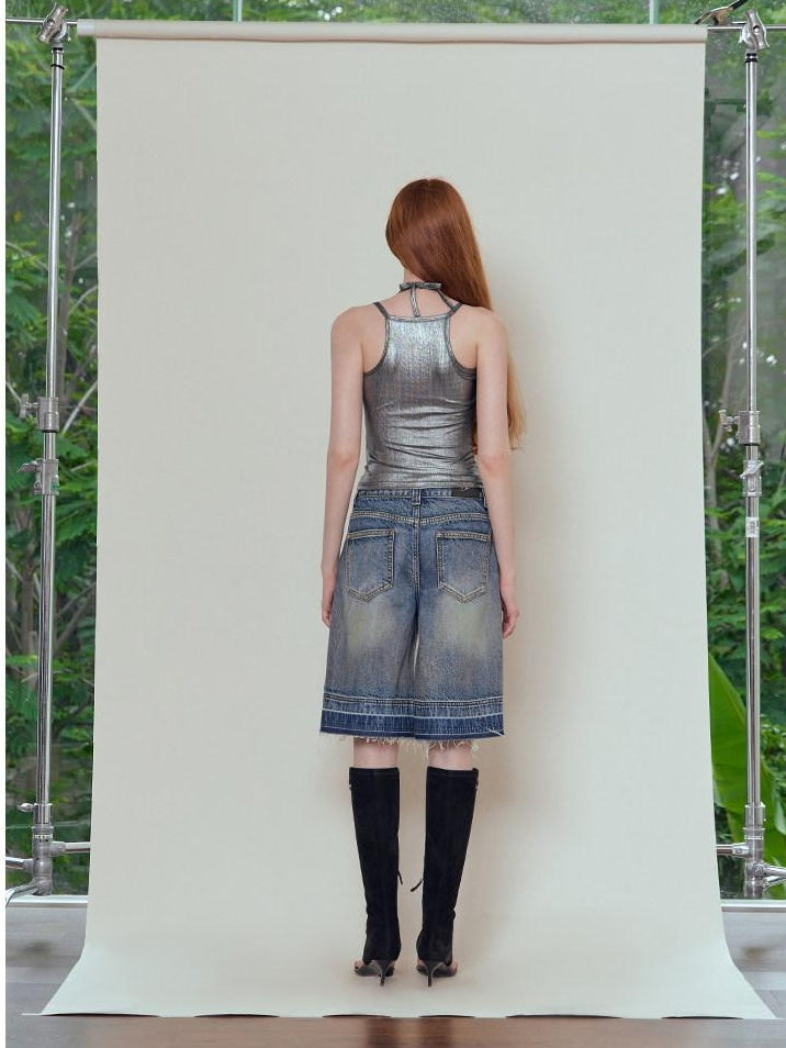 RUN TO THE FUTURE Relaxed Low Rise Washed Vintage Blue Wide Leg Casual Zip Fly Denim Shorts