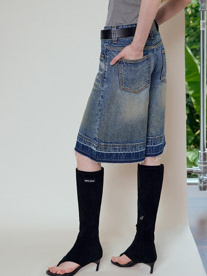 RUN TO THE FUTURE Relaxed Low Rise Washed Vintage Blue Wide Leg Casual Zip Fly Denim Shorts