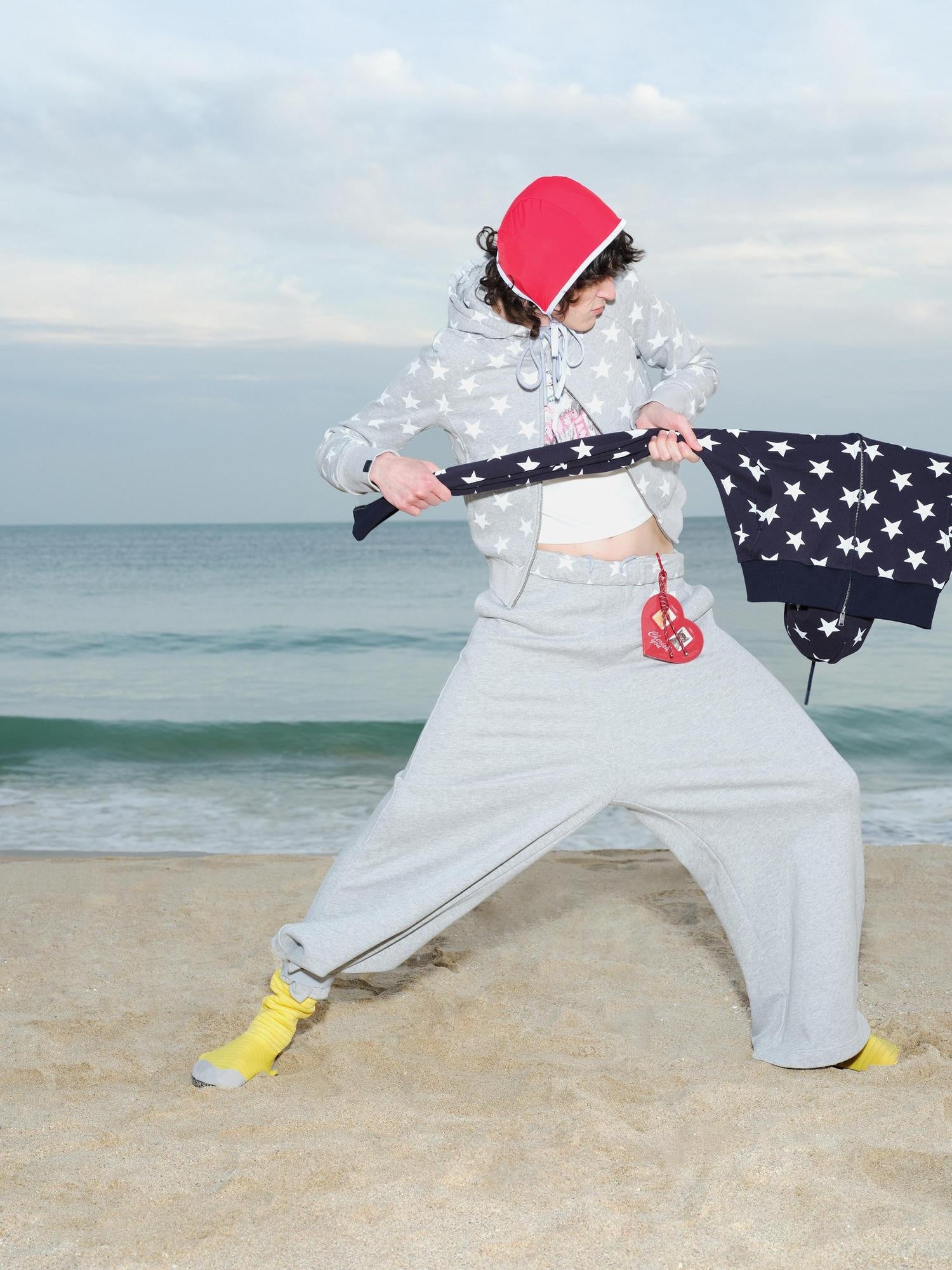 RUN TO THE FUTURE Relaxed Minimal Patchwork Print Unisex Elastic Mid Waist Cotton Wide-Leg Pants