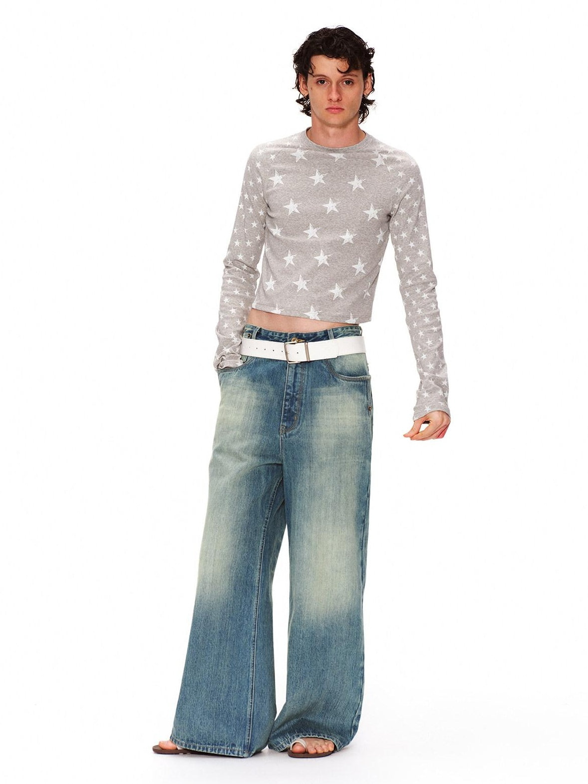 RUN TO THE FUTURE Retro Distressed Washed Natural Waist Loose Unisex Denim Wide-Leg Jeans