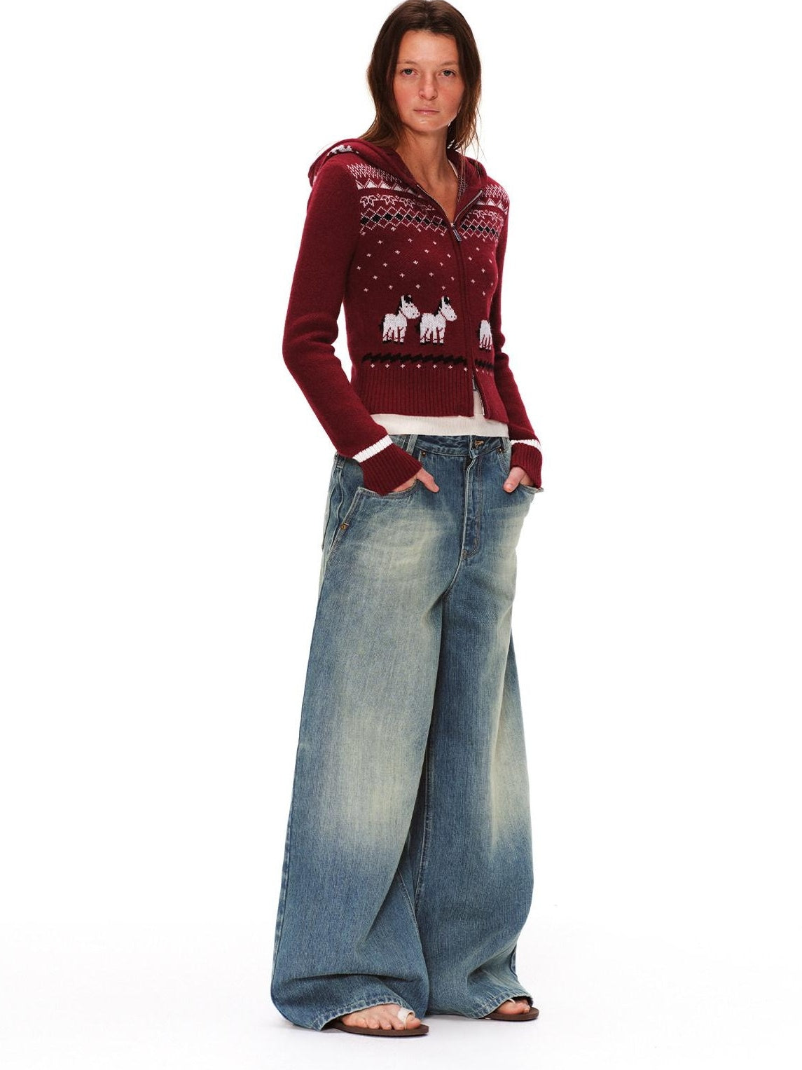 RUN TO THE FUTURE Retro Distressed Washed Natural Waist Loose Unisex Denim Wide-Leg Jeans