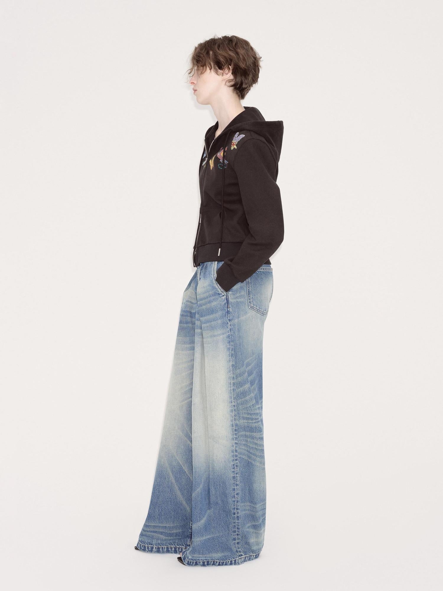 RUN TO THE FUTURE Retro Whisker Low Rise Relaxed Cotton Women Blue Denim Wide-Leg Jeans