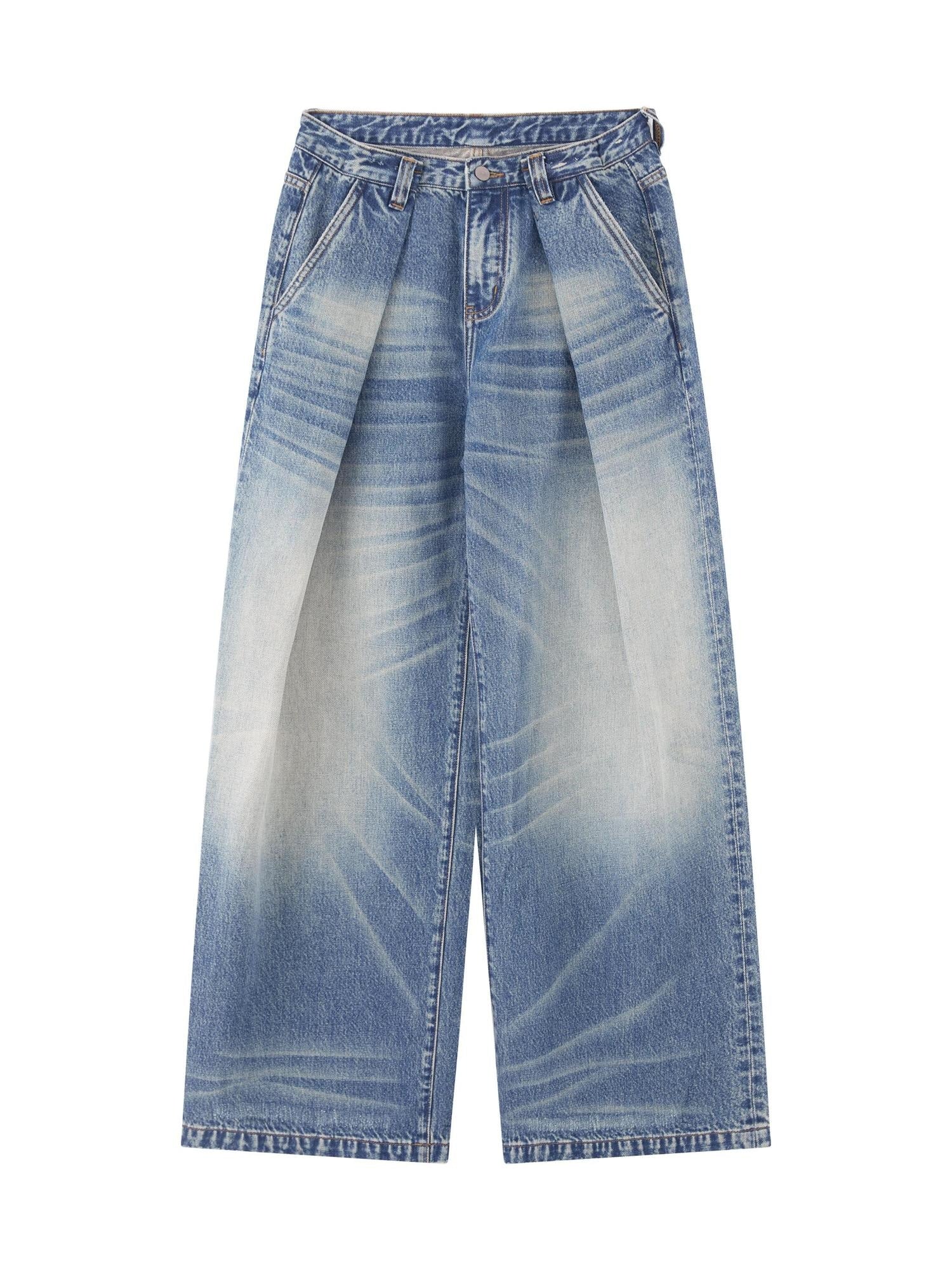 RUN TO THE FUTURE Retro Whisker Low Rise Relaxed Cotton Women Blue Denim Wide-Leg Jeans