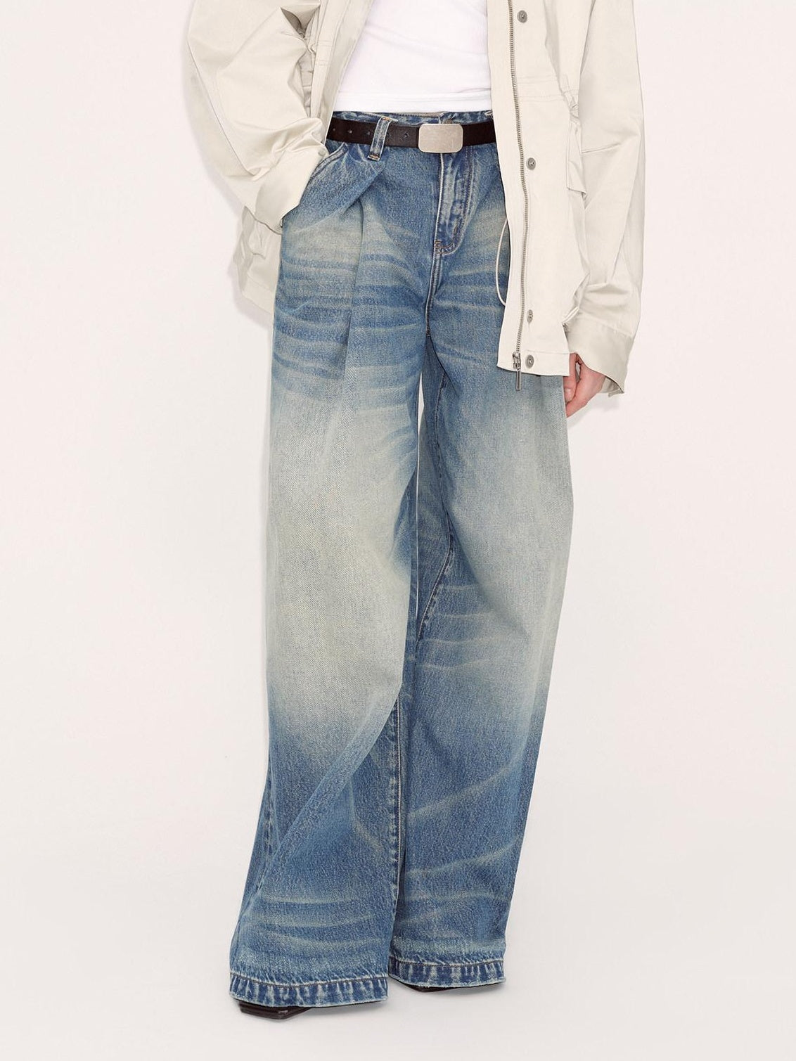 RUN TO THE FUTURE Retro Whisker Low Rise Relaxed Cotton Women Blue Denim Wide-Leg Jeans