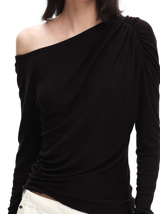 RUN TO THE FUTURE Ruched Asymmetric Off Shoulder Lyocell Wool Women&