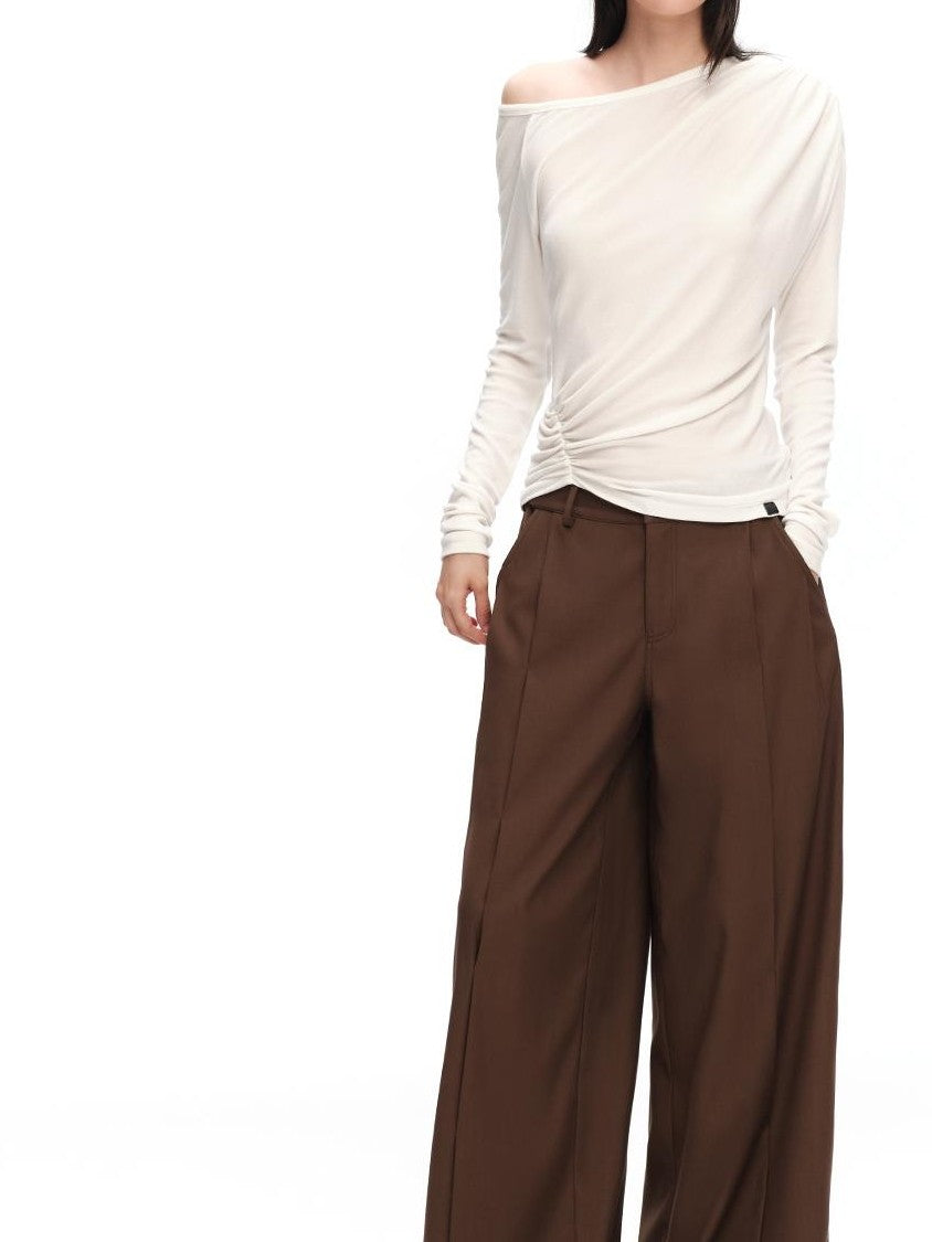 RUN TO THE FUTURE Ruched Asymmetric Off Shoulder Lyocell Wool Women&