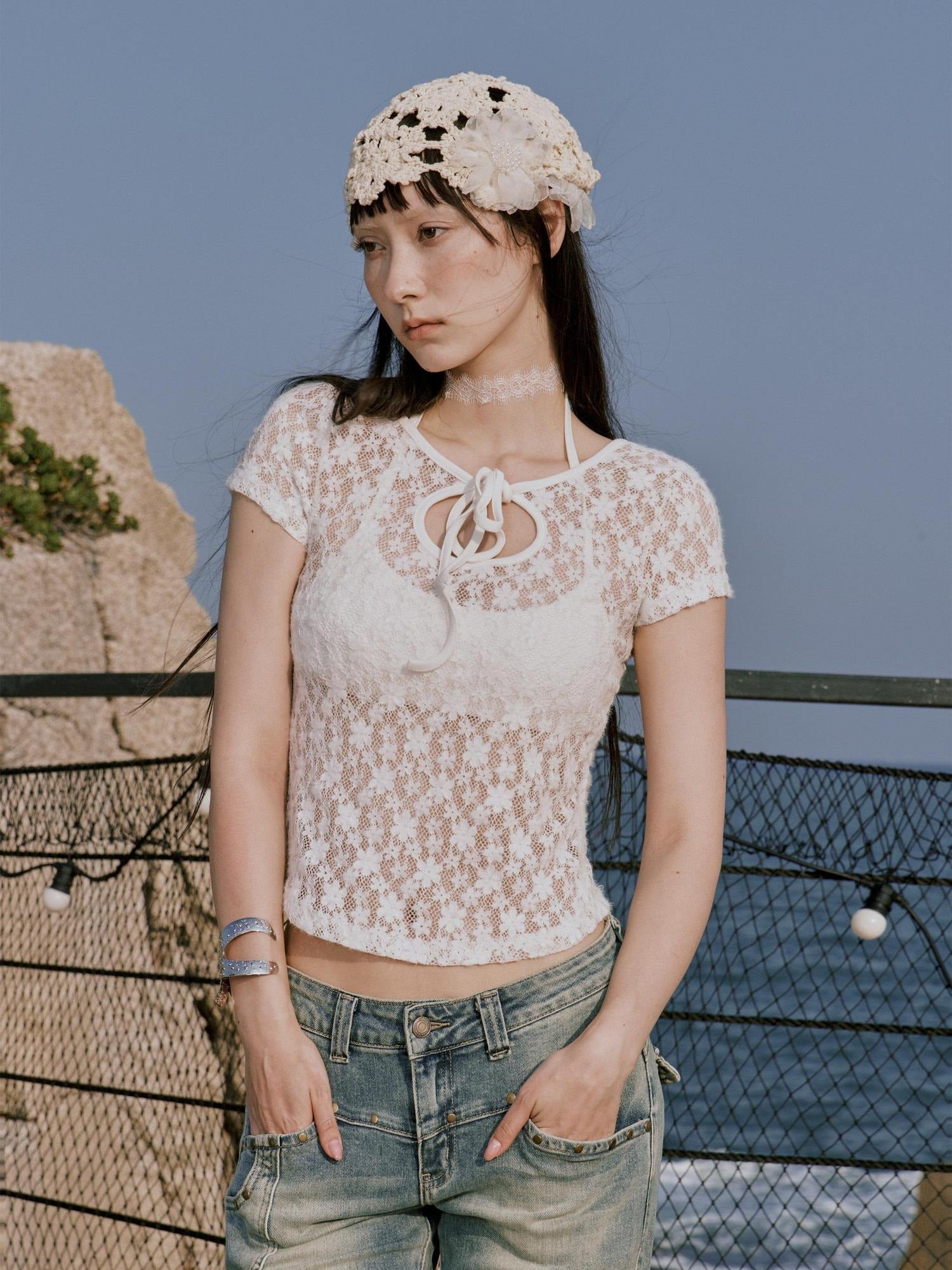 RUN TO THE FUTURE Sexy Lace Fitted Short Sleeve White Stretch Women Cropped Crop Tops