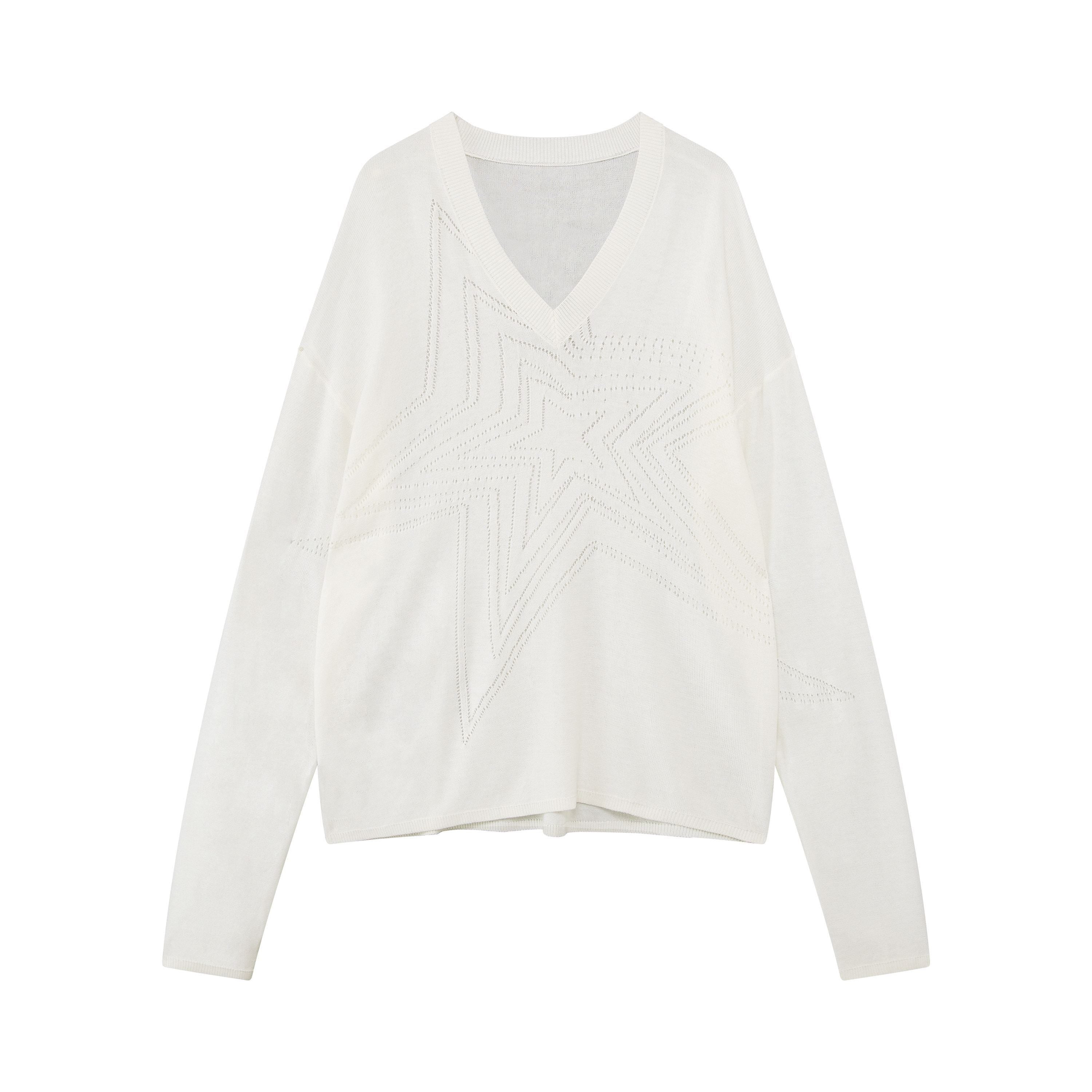 RUN TO THE FUTURE Soft Breathable Loose Crochet V-neck Women Star White Long Sleeve T-Shirts