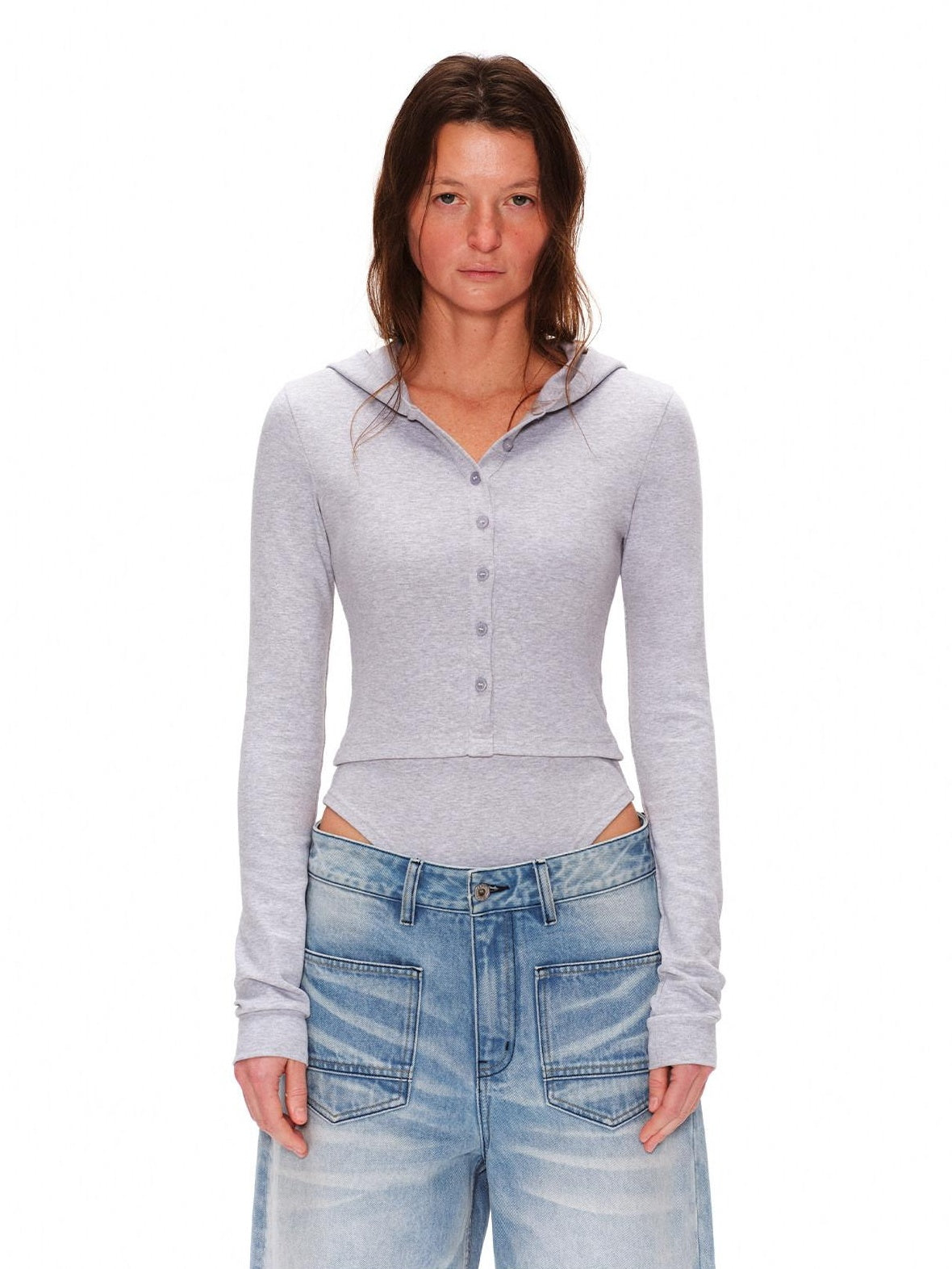 RUN TO THE FUTURE Soft Cotton Stretch Slim Fit Faux Layer Hooded V-neck Women Long Sleeve T-Shirts