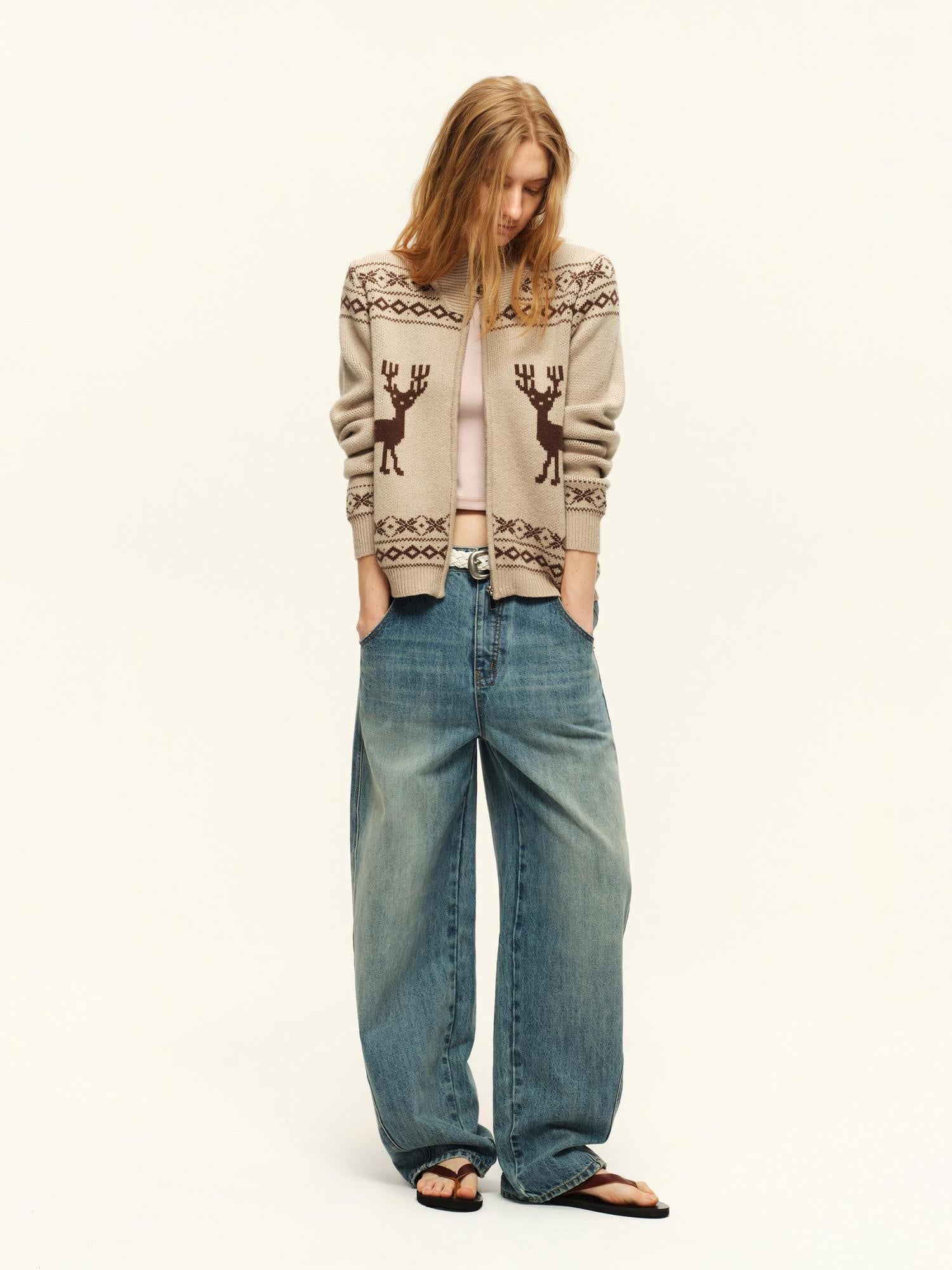 RUN TO THE FUTURE Soft Wool Blend Loose Zip Stand Collar Vintage Animal Camel Women Cardigans