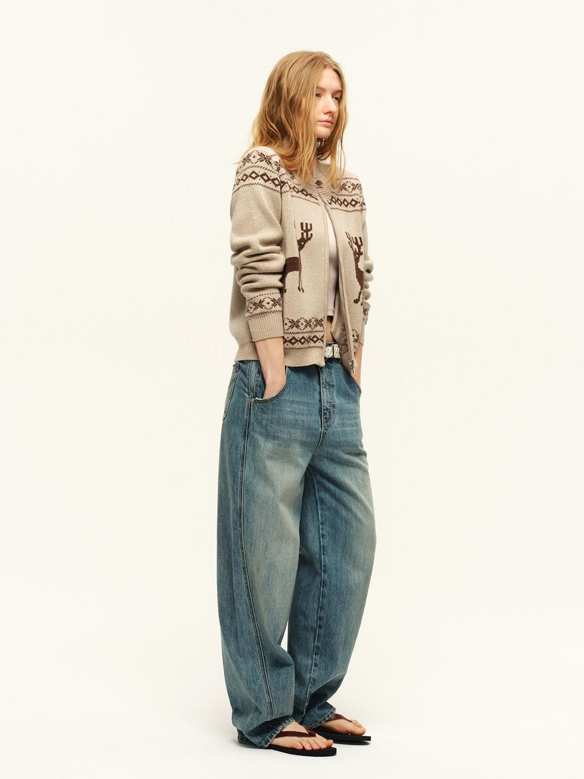 RUN TO THE FUTURE Soft Wool Blend Loose Zip Stand Collar Vintage Animal Camel Women Cardigans