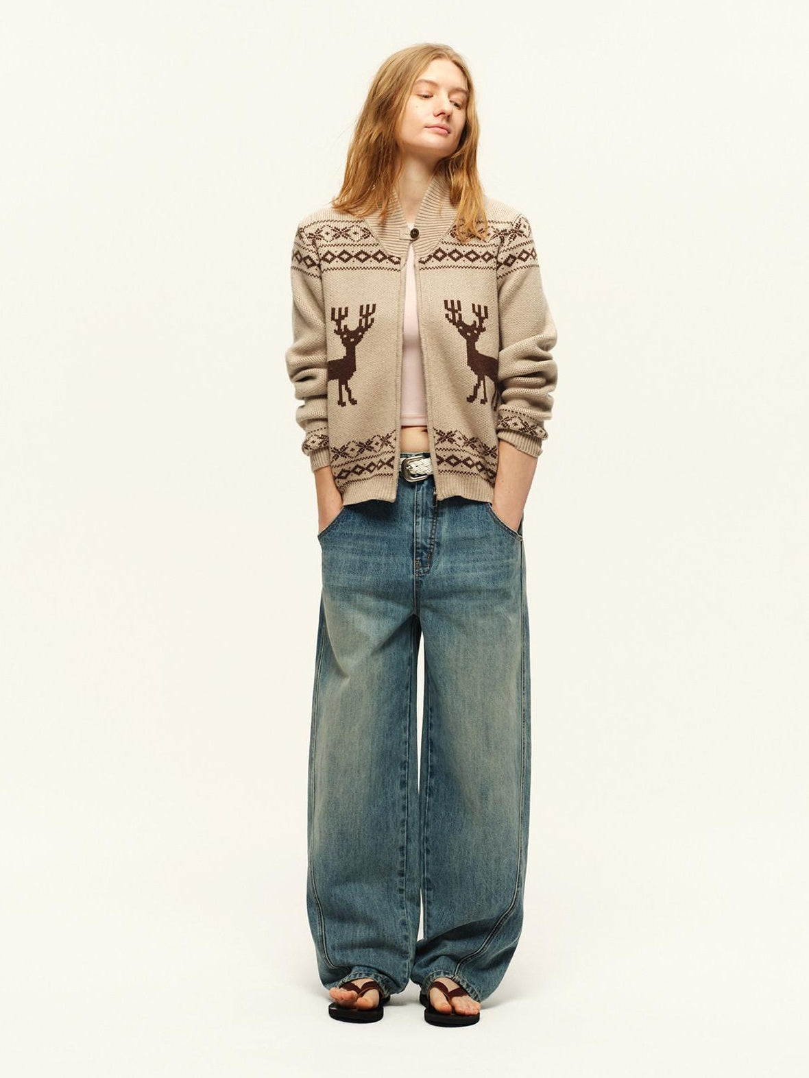 RUN TO THE FUTURE Soft Wool Blend Loose Zip Stand Collar Vintage Animal Camel Women Cardigans