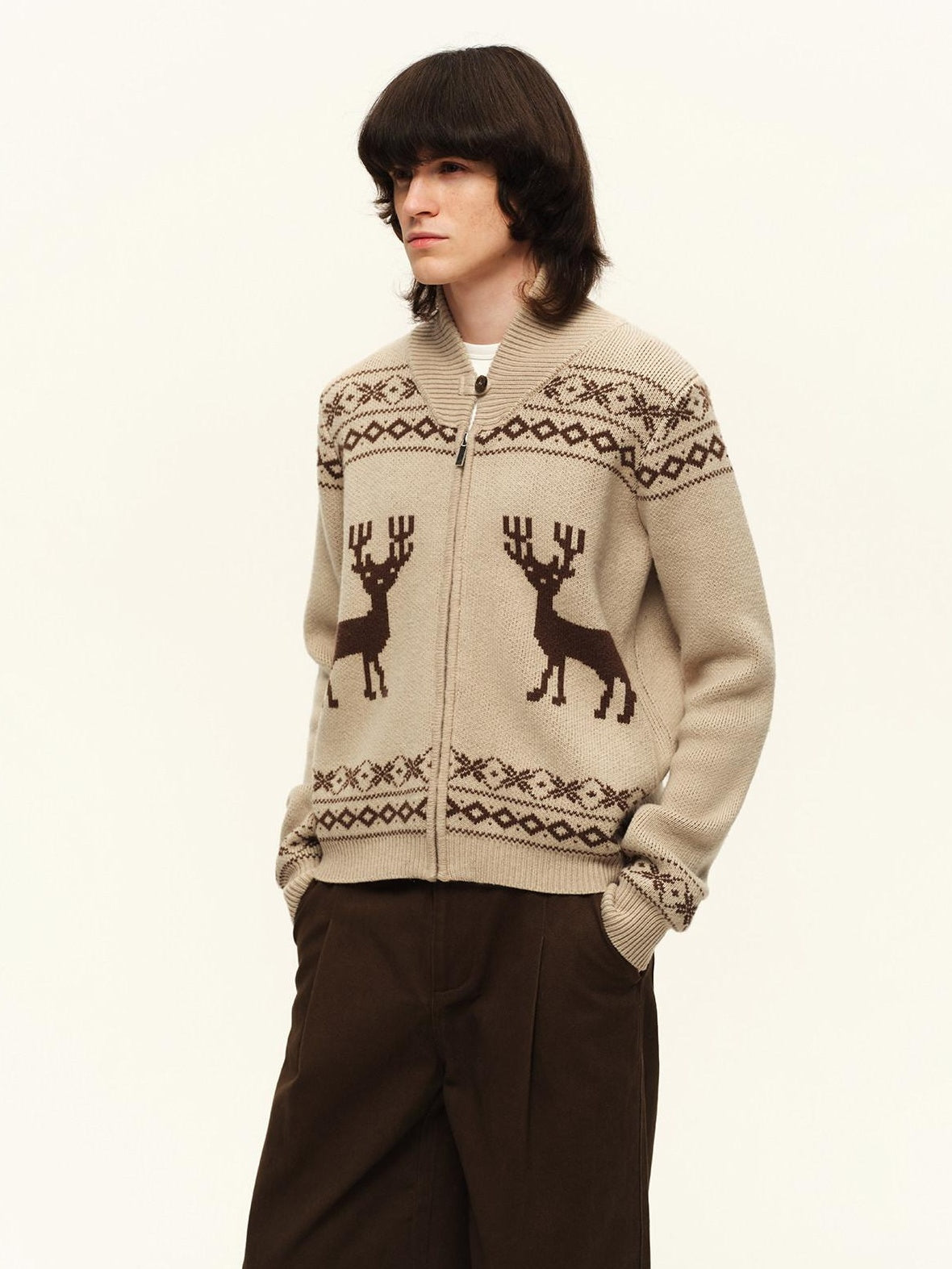 RUN TO THE FUTURE Soft Wool Blend Loose Zip Stand Collar Vintage Animal Camel Women Cardigans