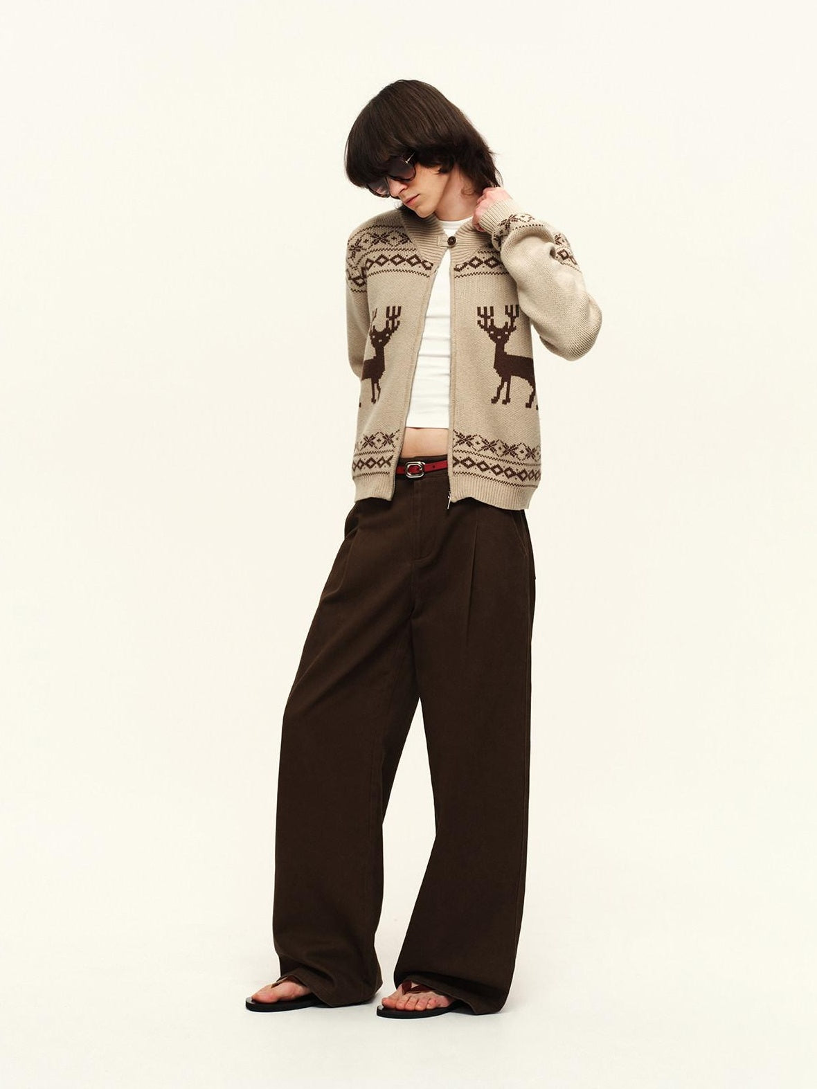 RUN TO THE FUTURE Soft Wool Blend Loose Zip Stand Collar Vintage Animal Camel Women Cardigans