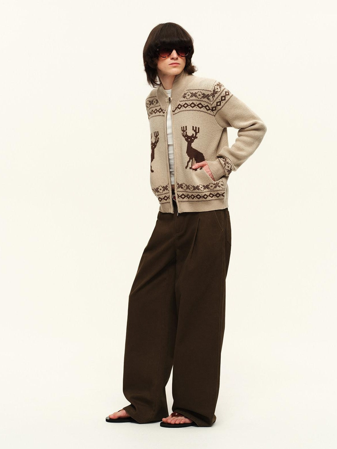 RUN TO THE FUTURE Soft Wool Blend Loose Zip Stand Collar Vintage Animal Camel Women Cardigans