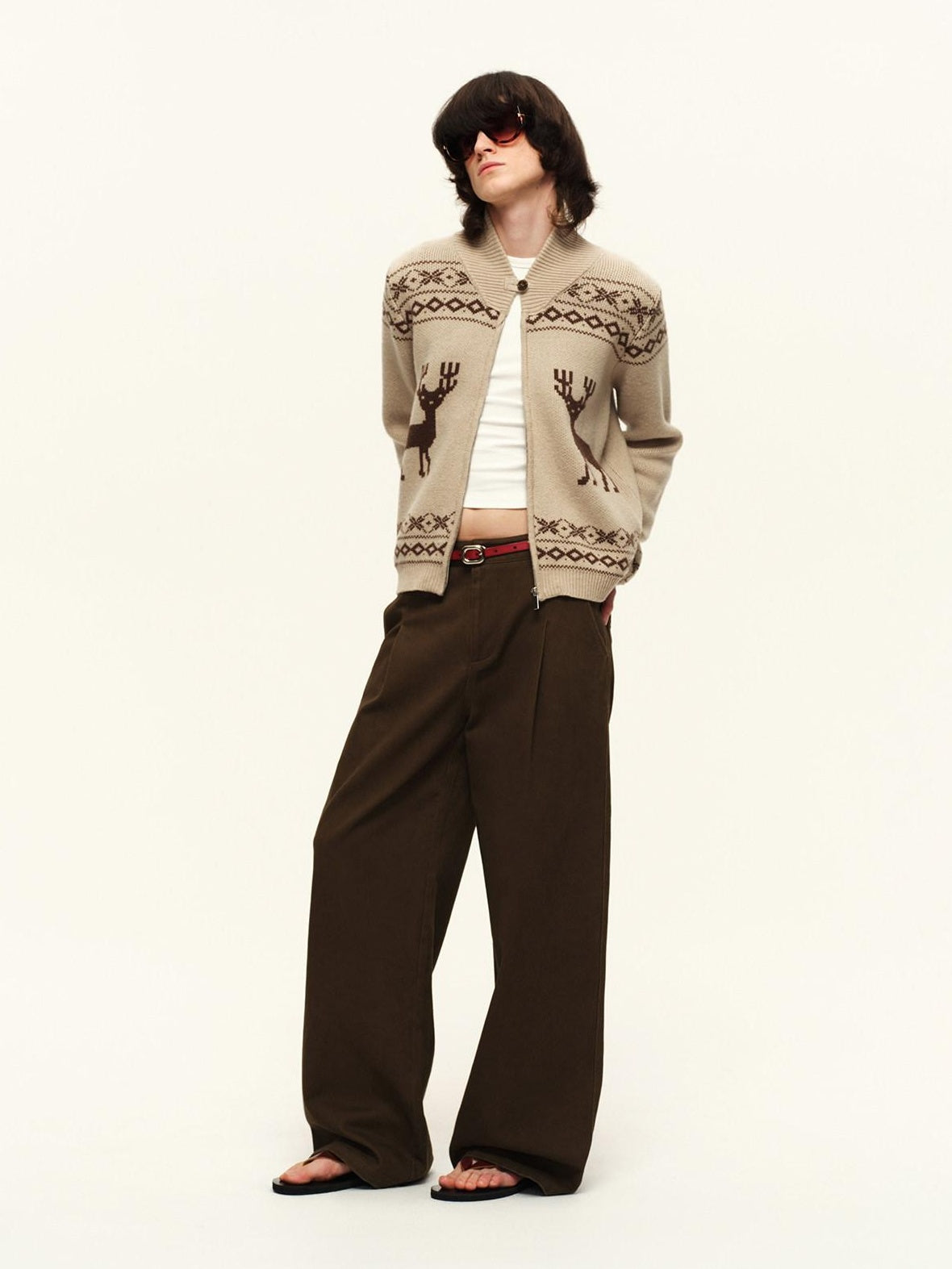 RUN TO THE FUTURE Soft Wool Blend Loose Zip Stand Collar Vintage Animal Camel Women Cardigans